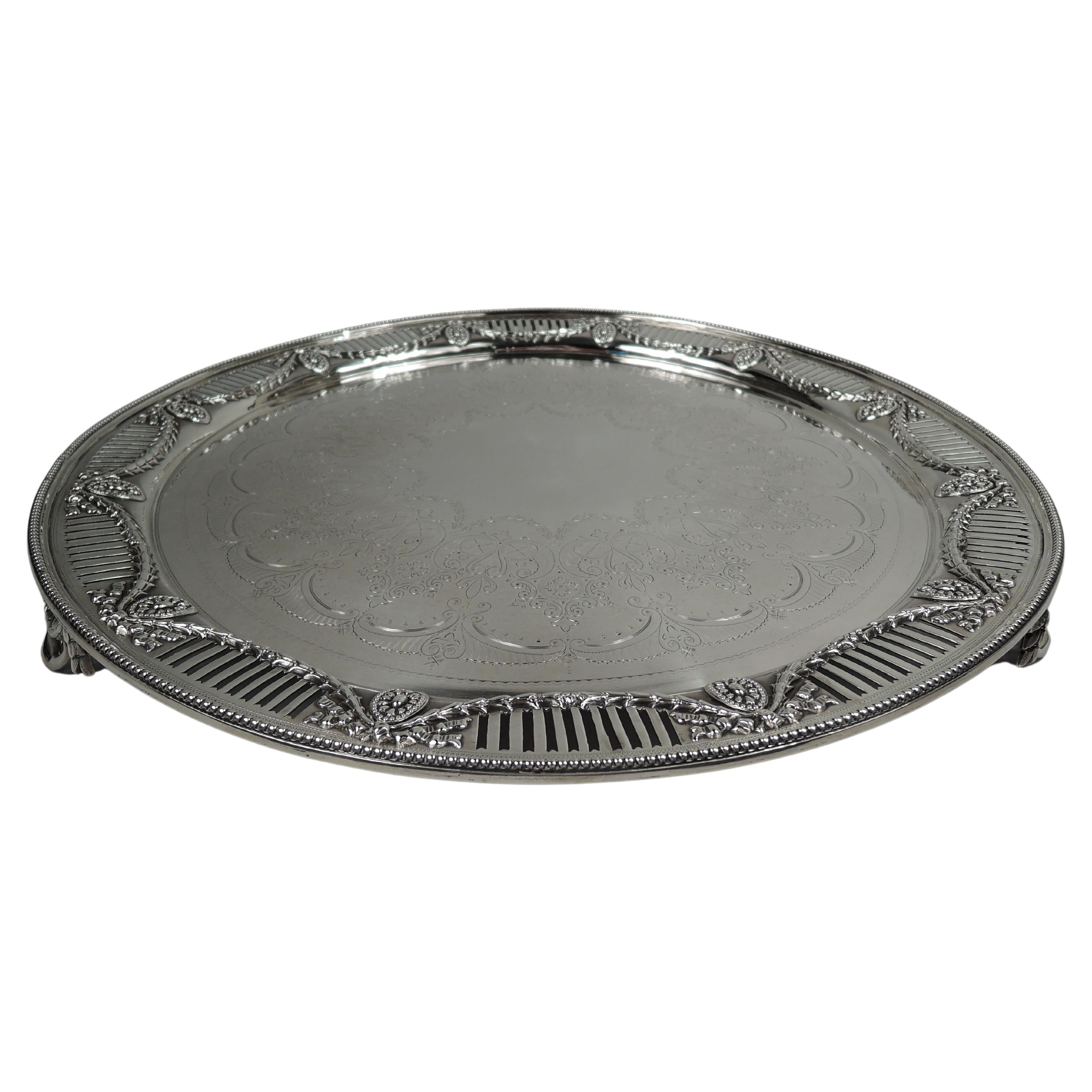 Large English Victorian Regency Classical Sterling Silver Salver, 1880 For Sale