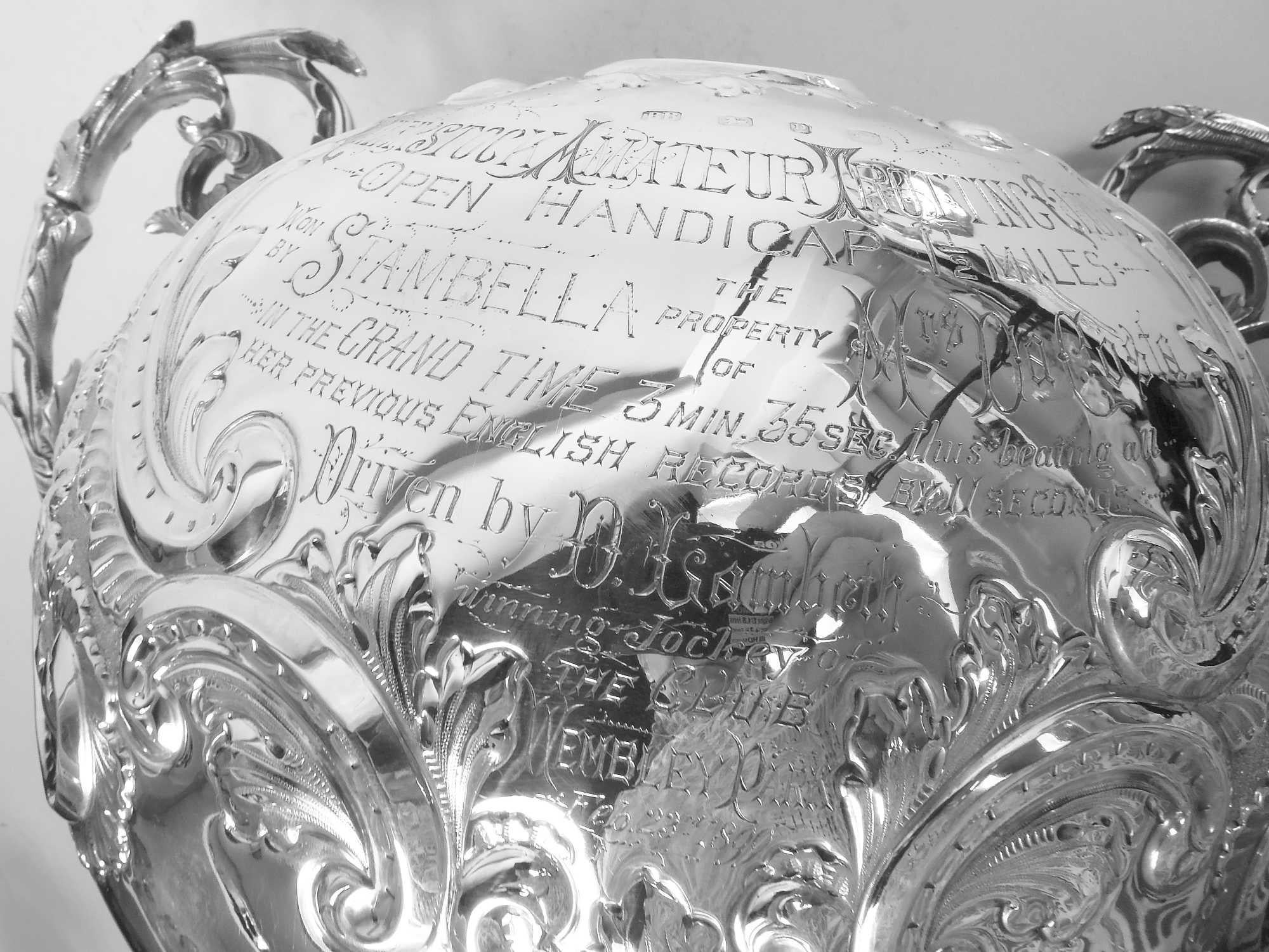 Large English Victorian Sterling Silver Horse Harness Race Trophy, 1898 For Sale 9