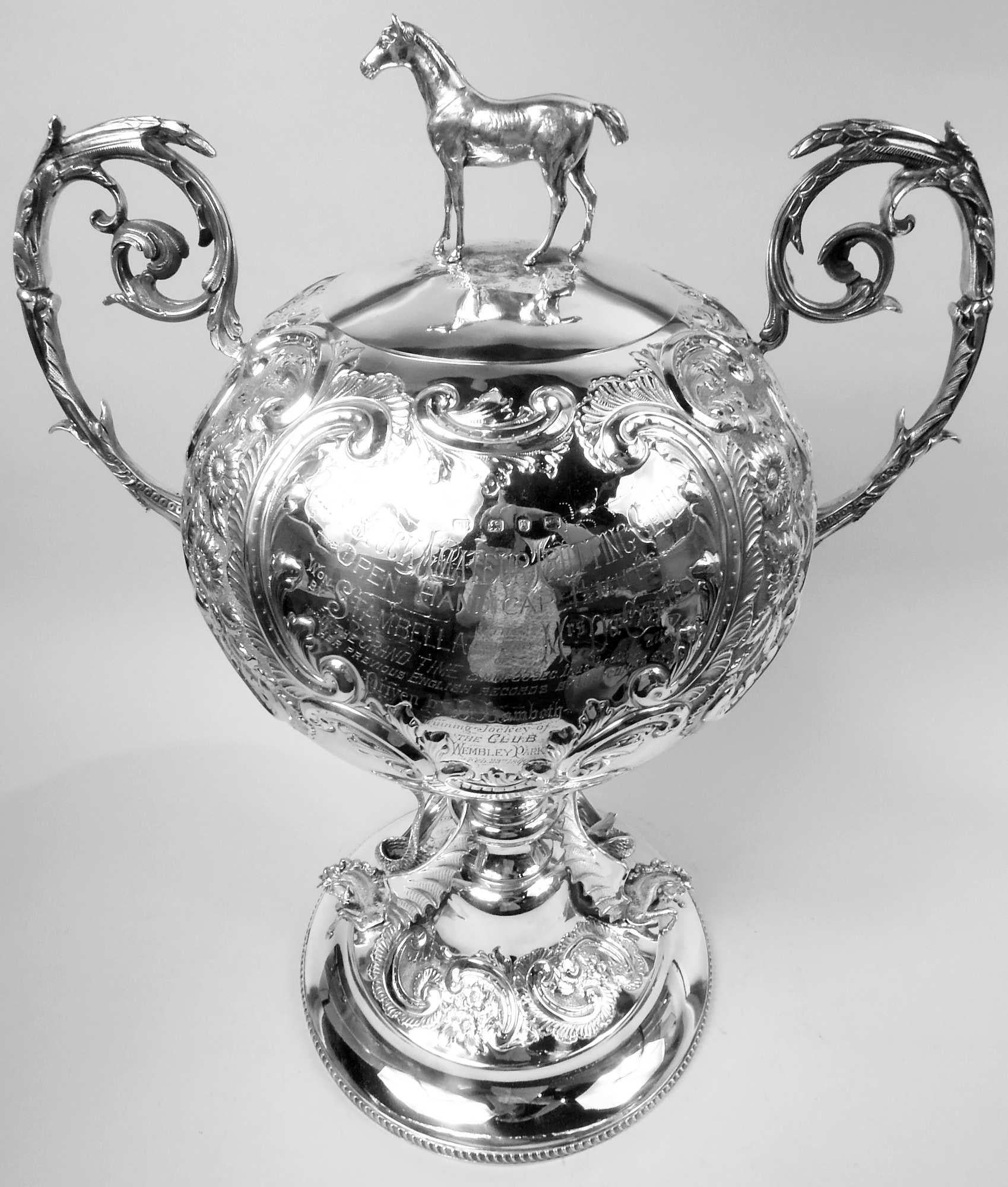 Late 19th Century Large English Victorian Sterling Silver Horse Harness Race Trophy, 1898 For Sale