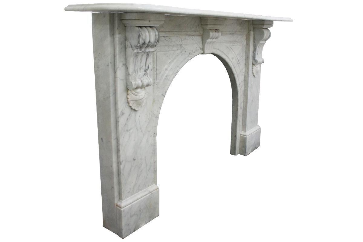 Large English Victorian White Carrara Marble Fire Surround with arched grate 1