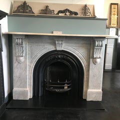 Large English Victorian White Carrara Marble Fire Surround with arched grate