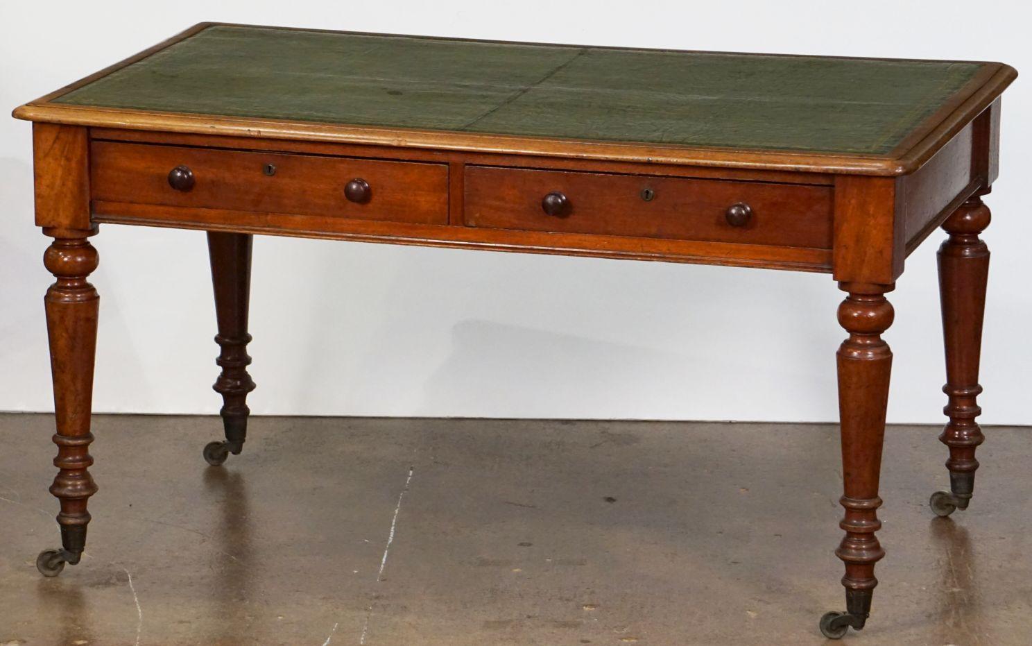 Large English Writing Table or Desk with Embossed Leather Top In Good Condition In Austin, TX