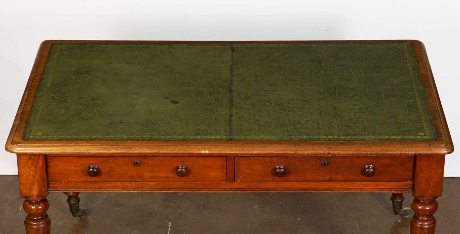 19th Century Large English Writing Table or Desk with Embossed Leather Top