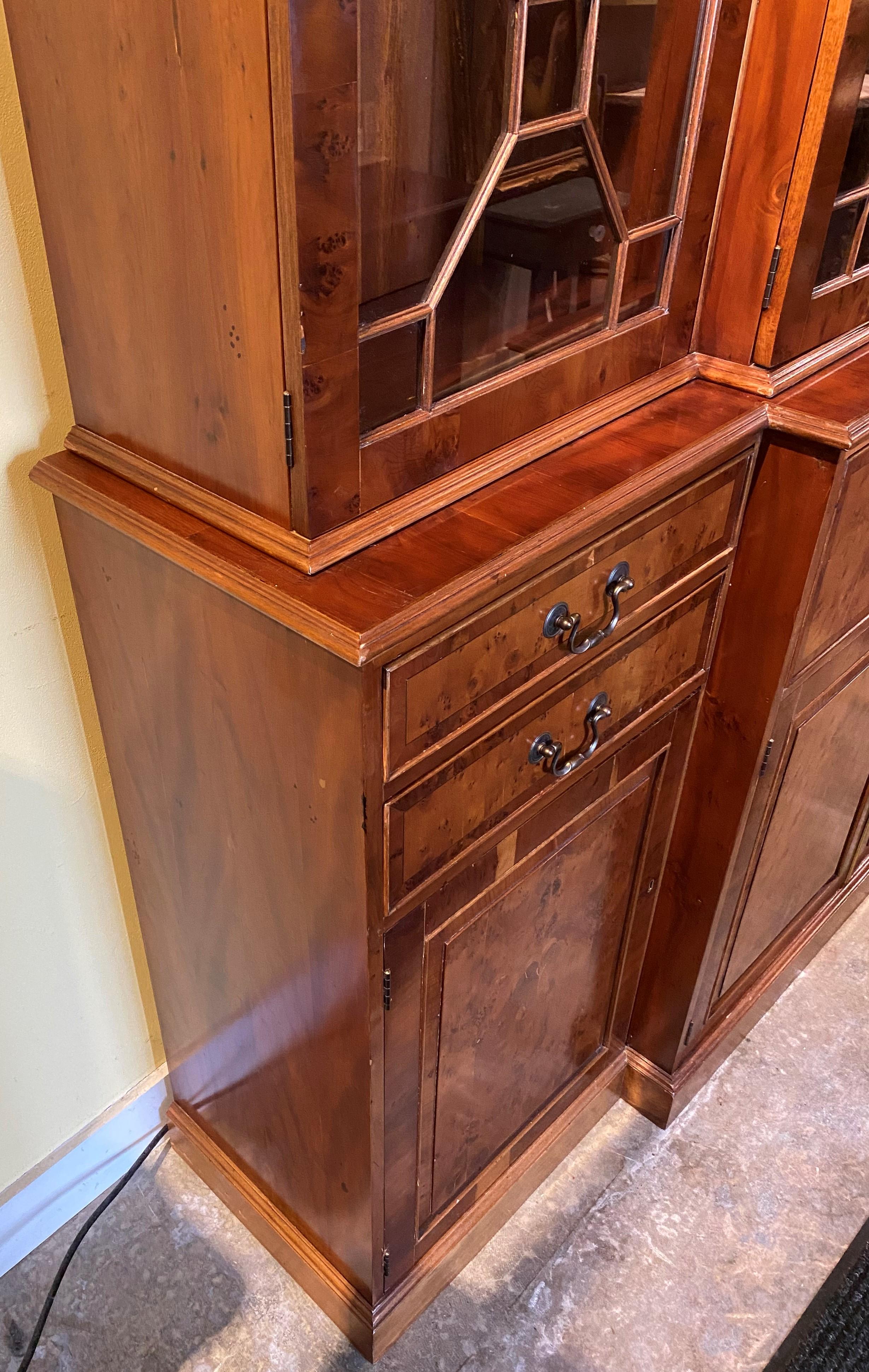 Large English Yew Wood Two Part Breakfront China Cabinet, Bookcase or Server In Good Condition In Milford, NH