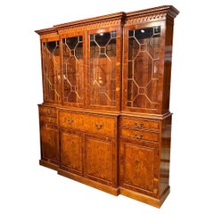 Large English Yew Wood Two Part Breakfront China Cabinet, Bookcase or Server