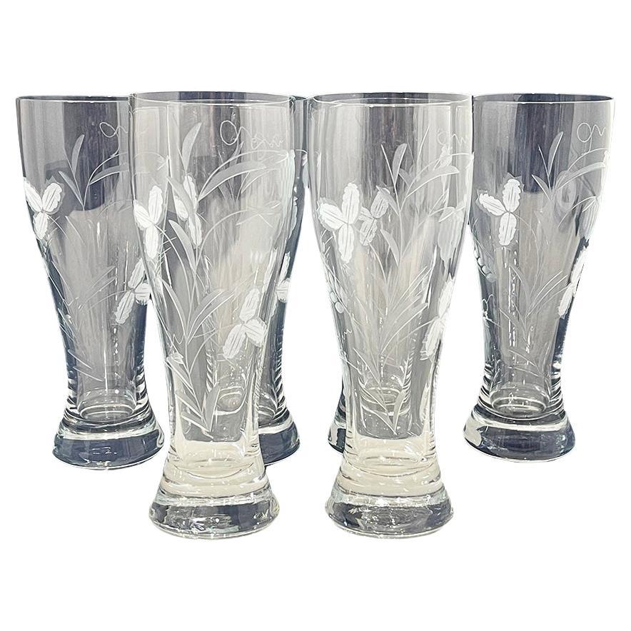 Large engraved beer glasses with wheat and fruit pattern, 1950s