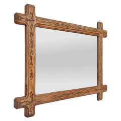 Large Engraved Oak Wood Mirror French Folk Art, circa 1930