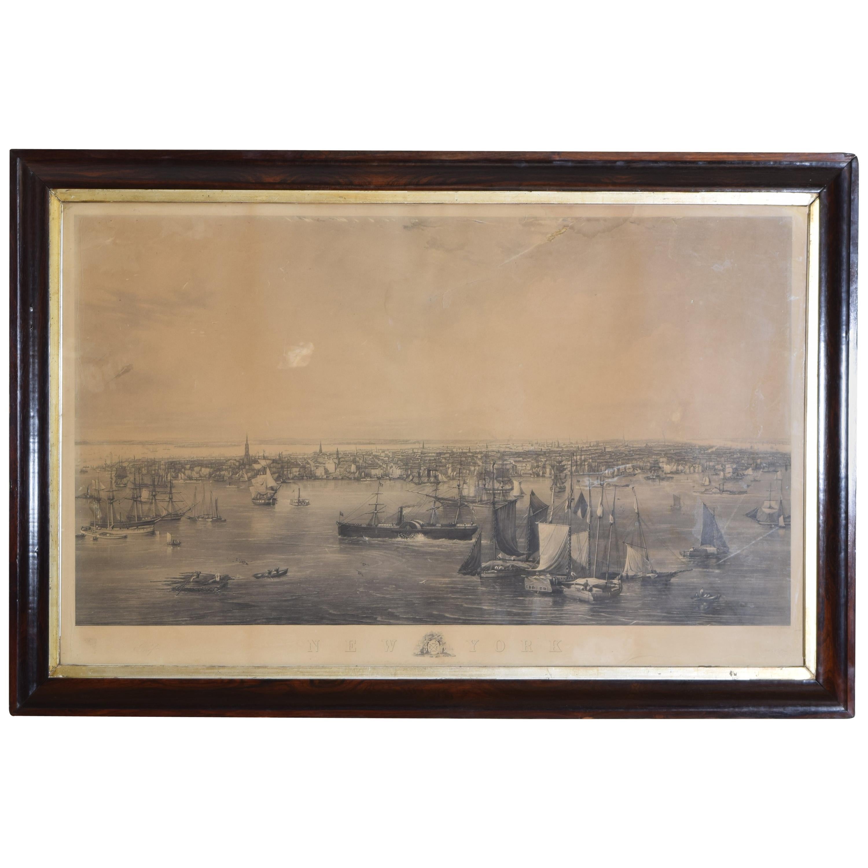 Large Engraving of New York Harbor in Period Rosewood Frame, ca. 1855