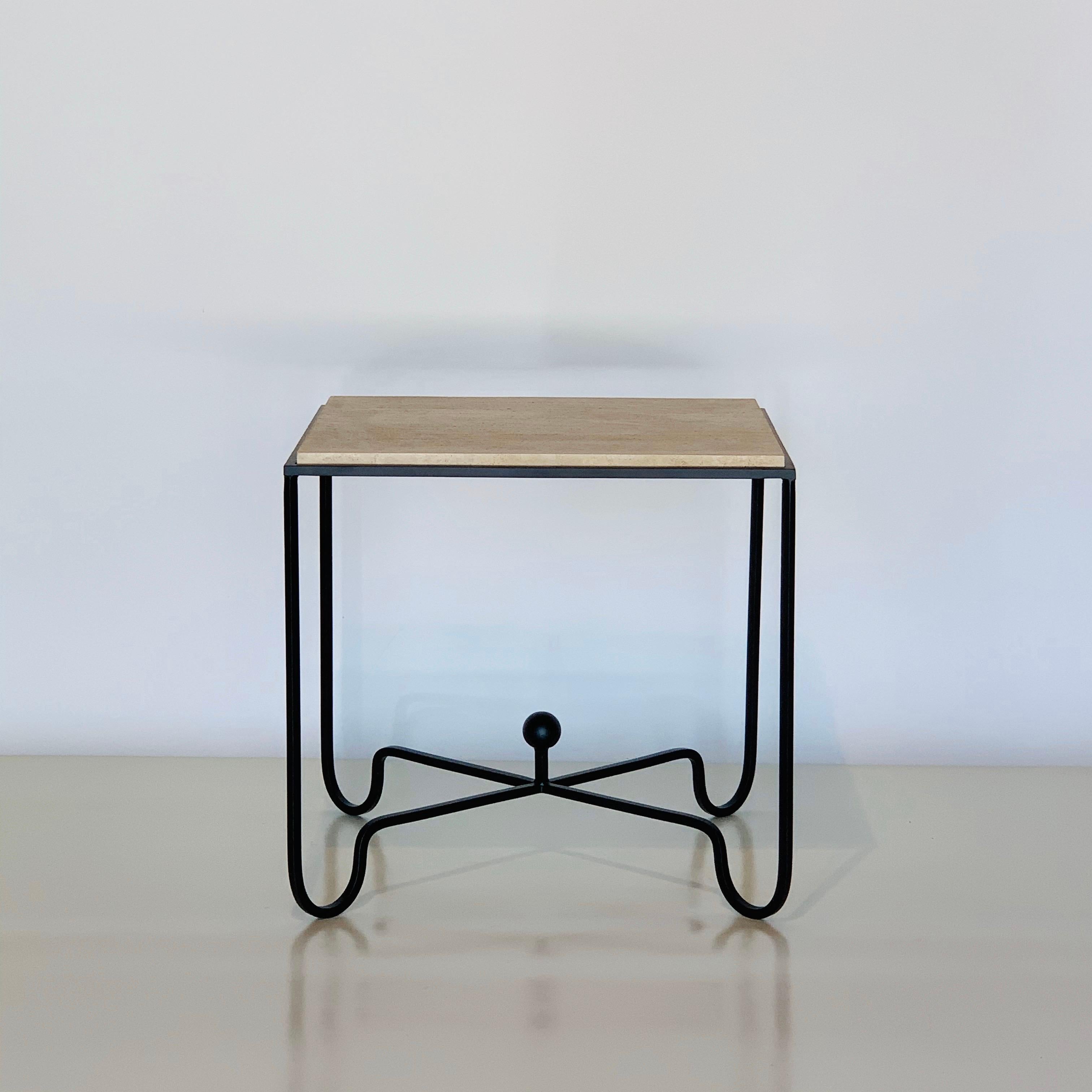 Large iron and travertine 'Entretoise' side table or nightstand by Design Frères.