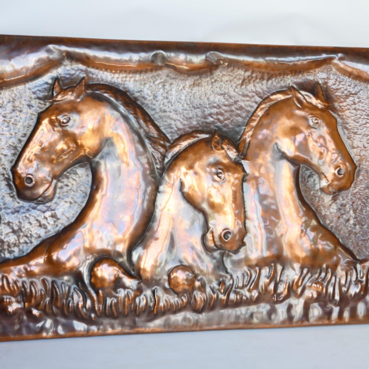 Contemporary Large Equestrian Embossed Copper Plaque For Sale