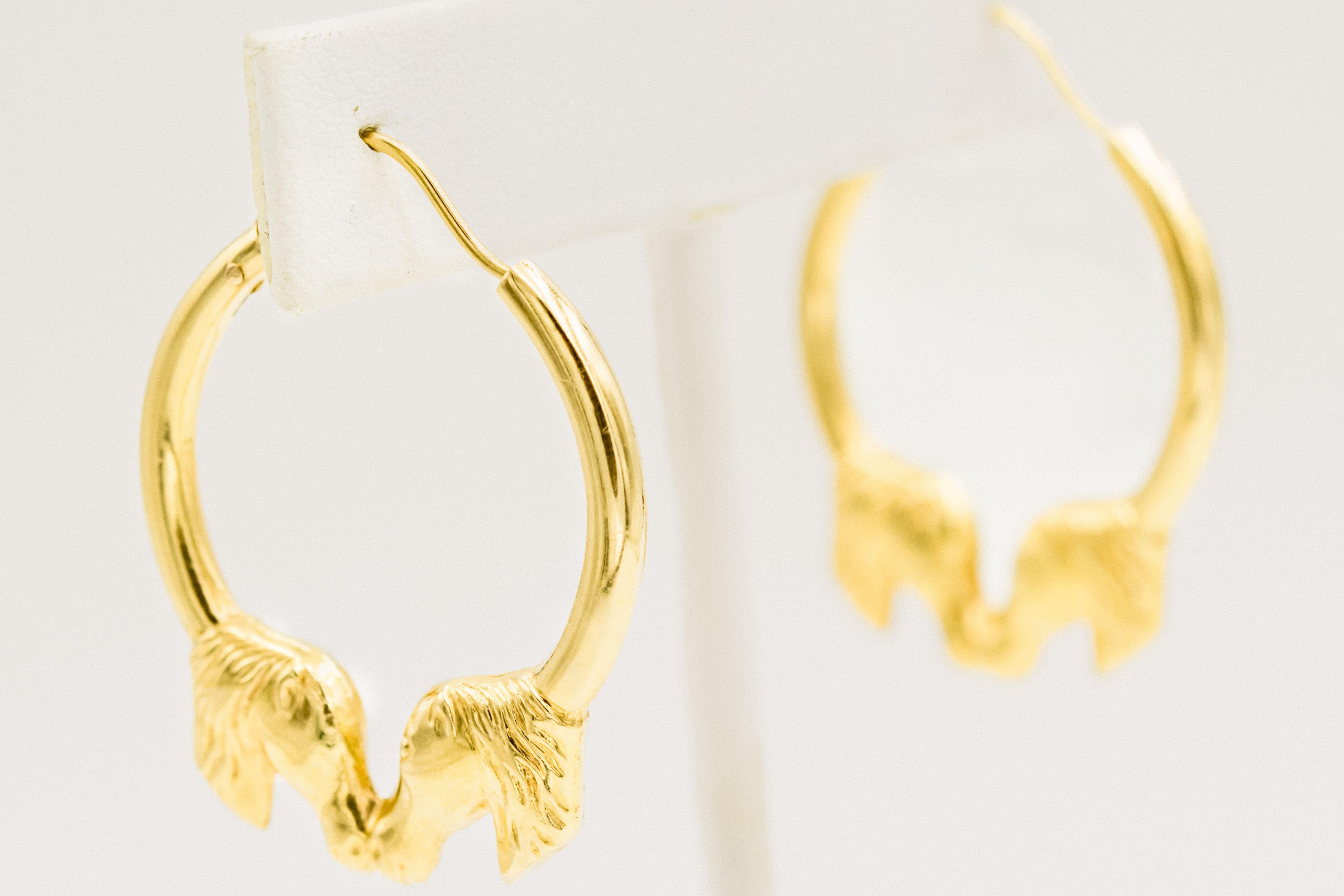 Large Equestrian Horse Head 18k Yellow Gold Hoop Earrings For Sale 1