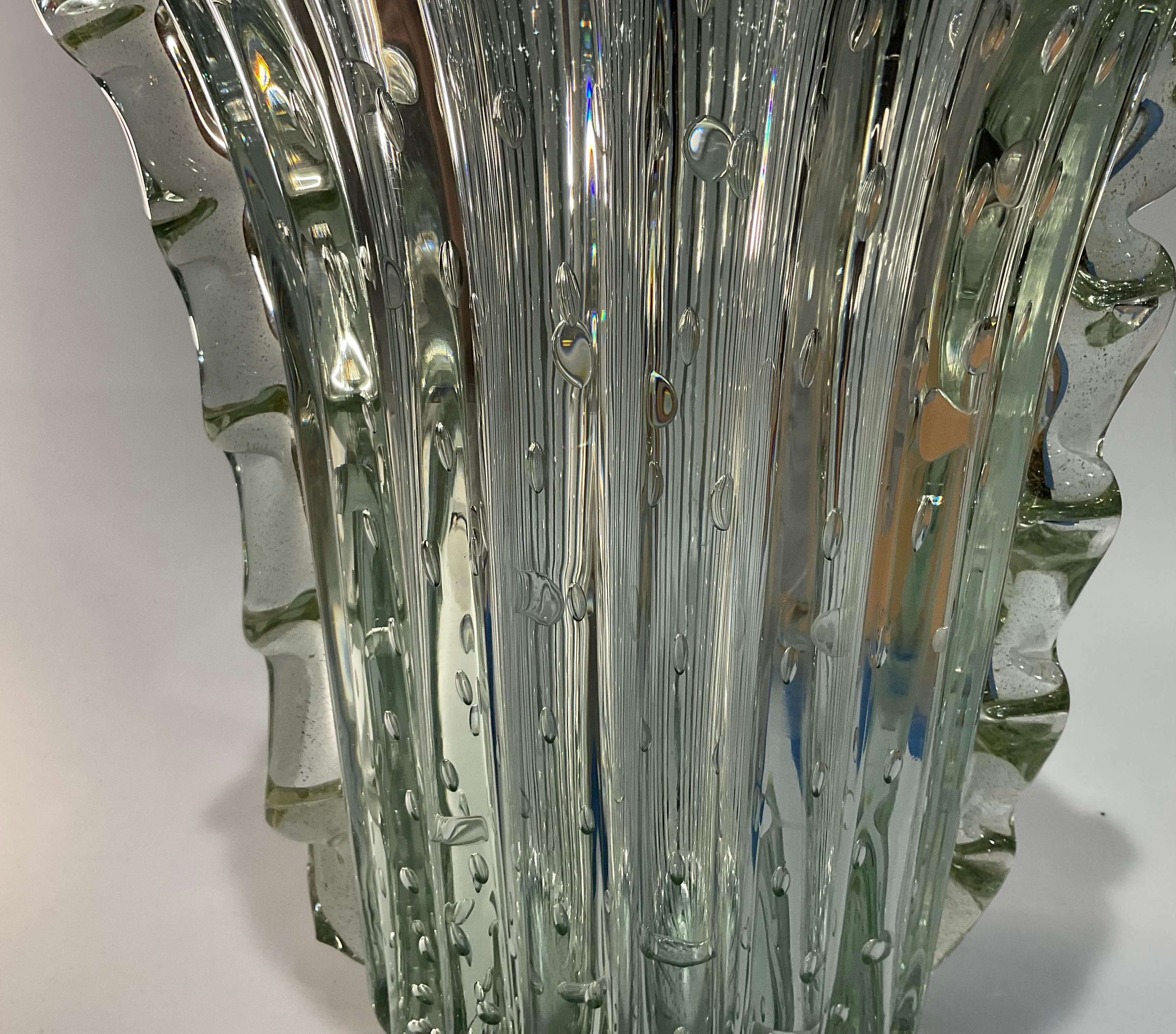 Mid-Century Modern LARGE Ercole Barovier Attr Murano Art Glass Vase Controlled Bubbles handles For Sale