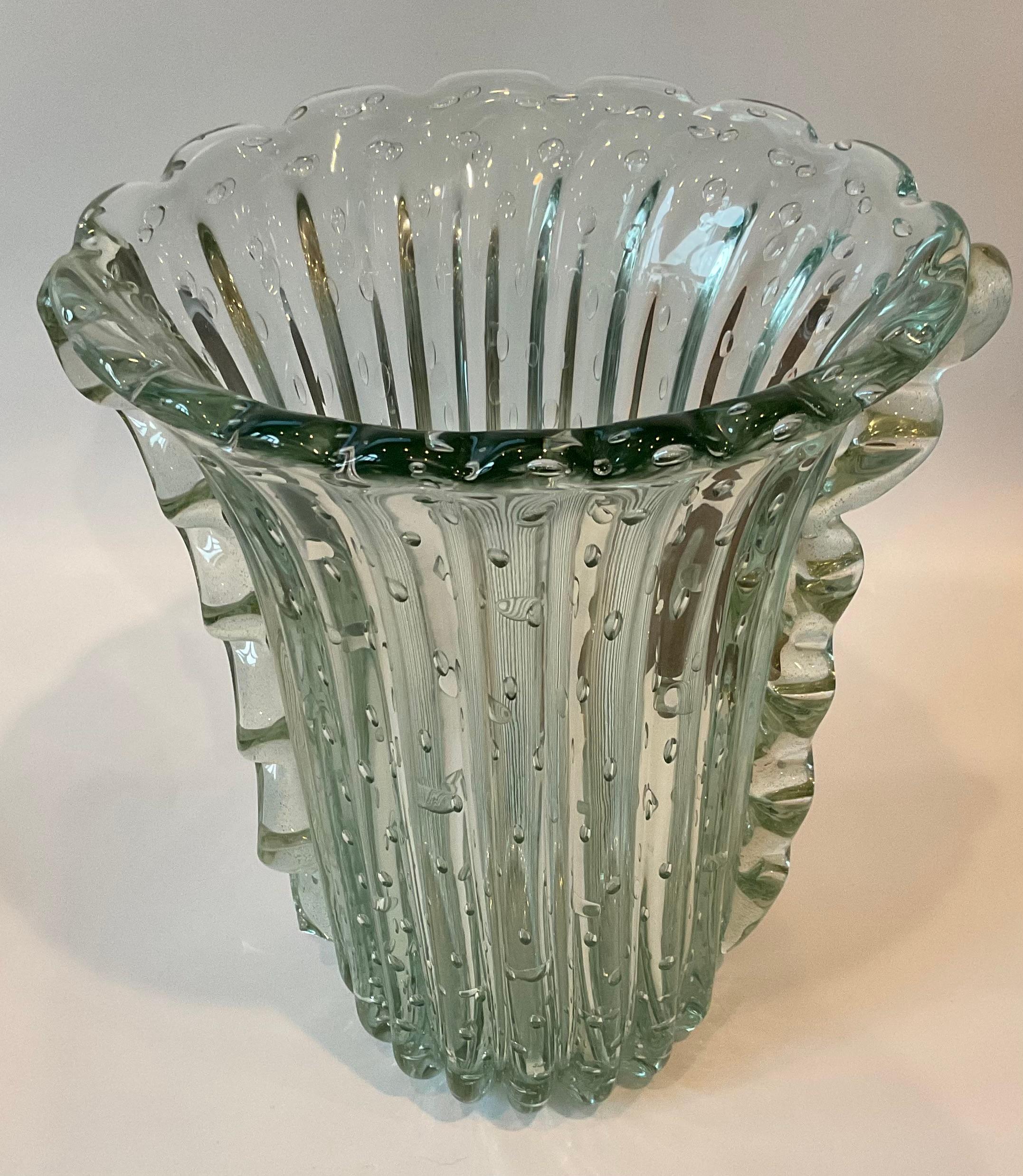 Italian LARGE Ercole Barovier Attr Murano Art Glass Vase Controlled Bubbles handles For Sale