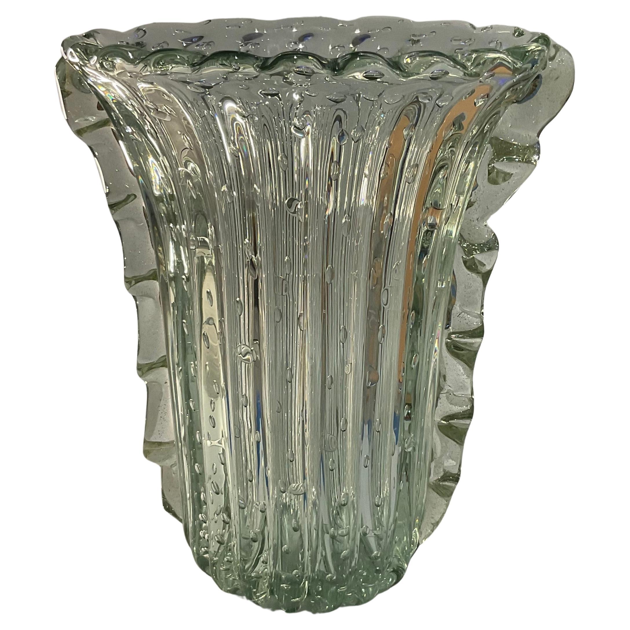 LARGE Ercole Barovier Attr Murano Art Glass Vase Controlled Bubbles handles For Sale