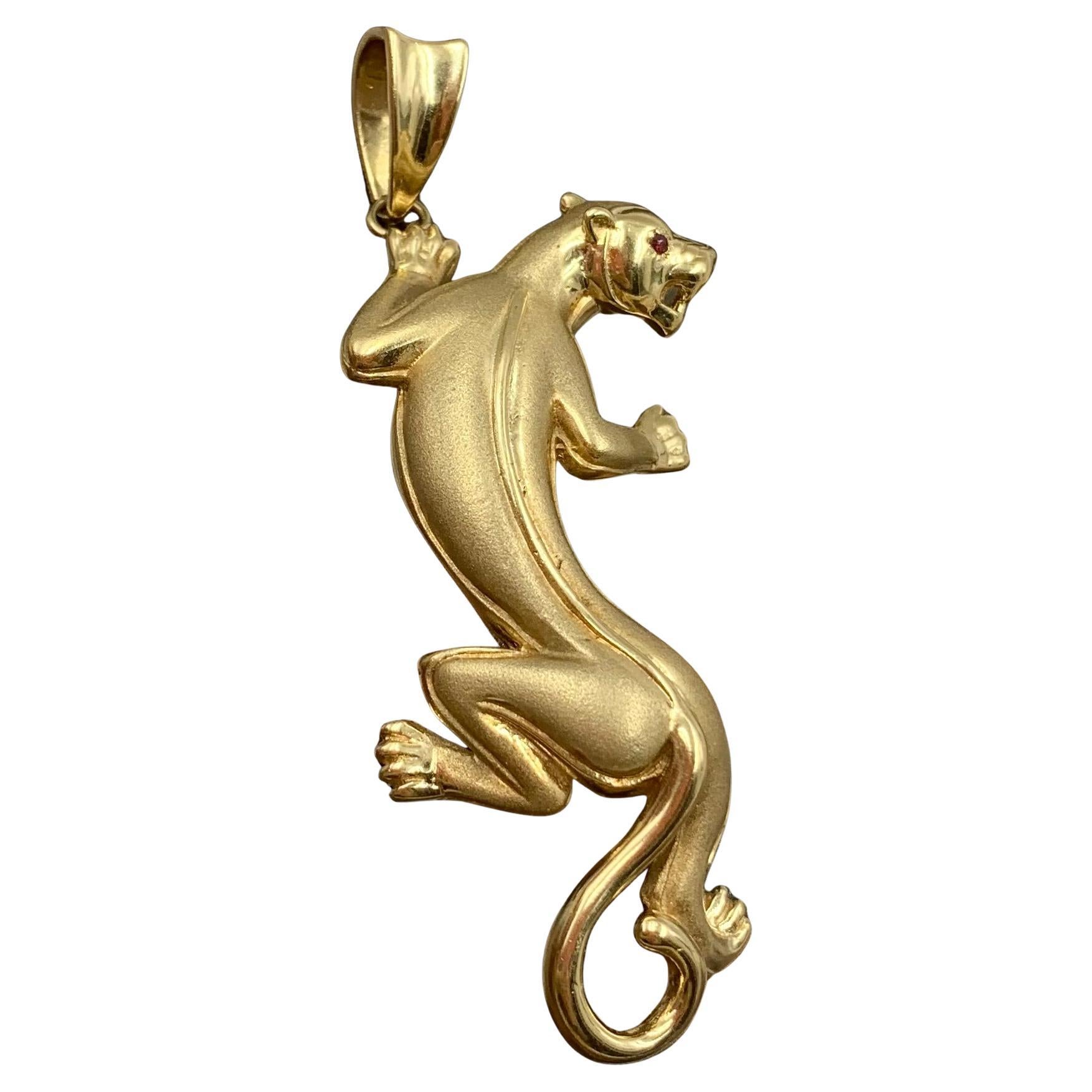 Large Estate 14K Yellow Gold Ruby Panther Pendant Necklace