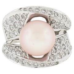 Large Estate 18k White Gold Pink Pearl & 1.4ct Diamond Wide Cocktail Ring