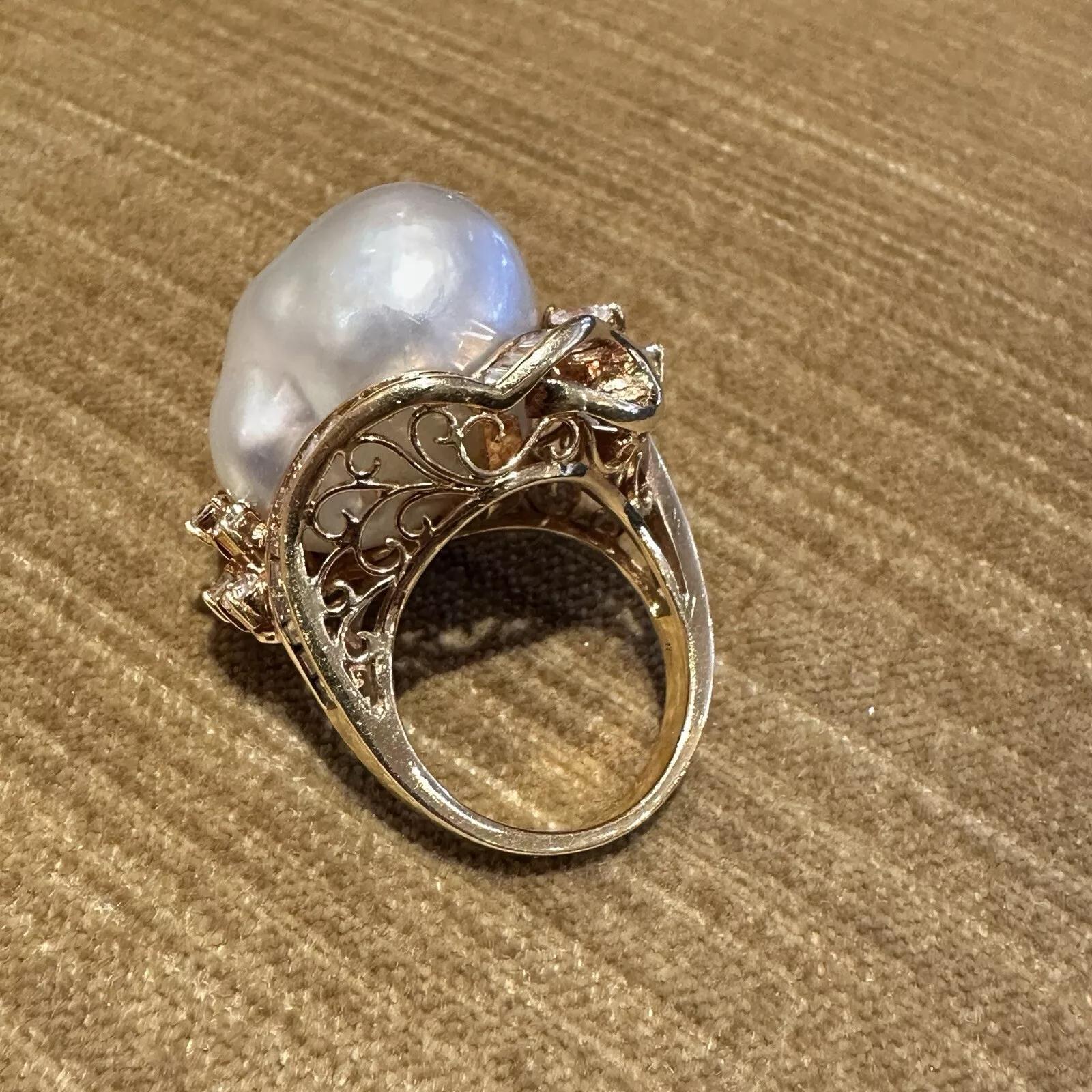 Women's Large Estate Baroque Pearl and Diamond Ring in 18k Yellow Gold For Sale