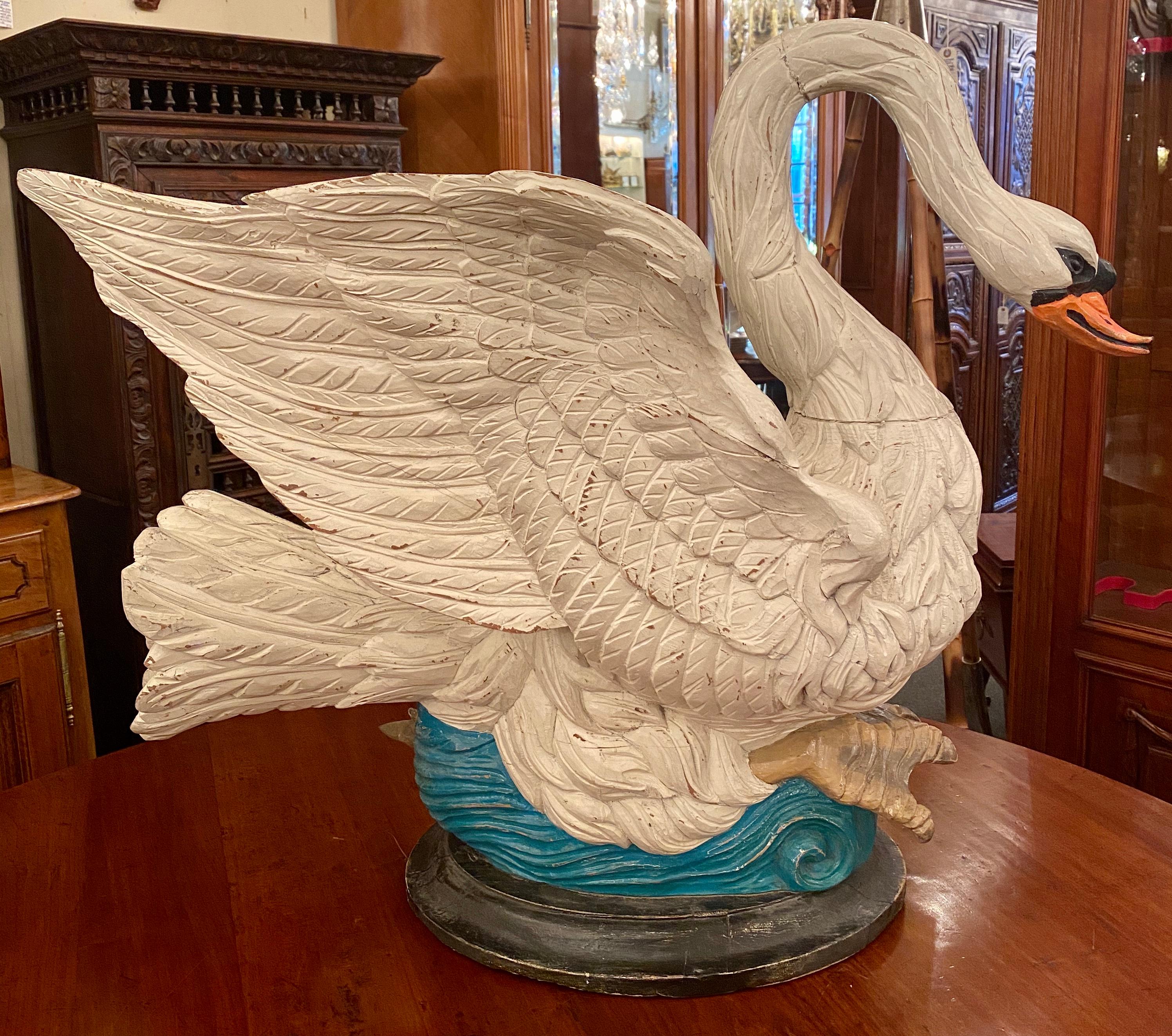 Large estate carved and painted wood swan jardinière, circa 1920-1930.
Exceptional size and carving.