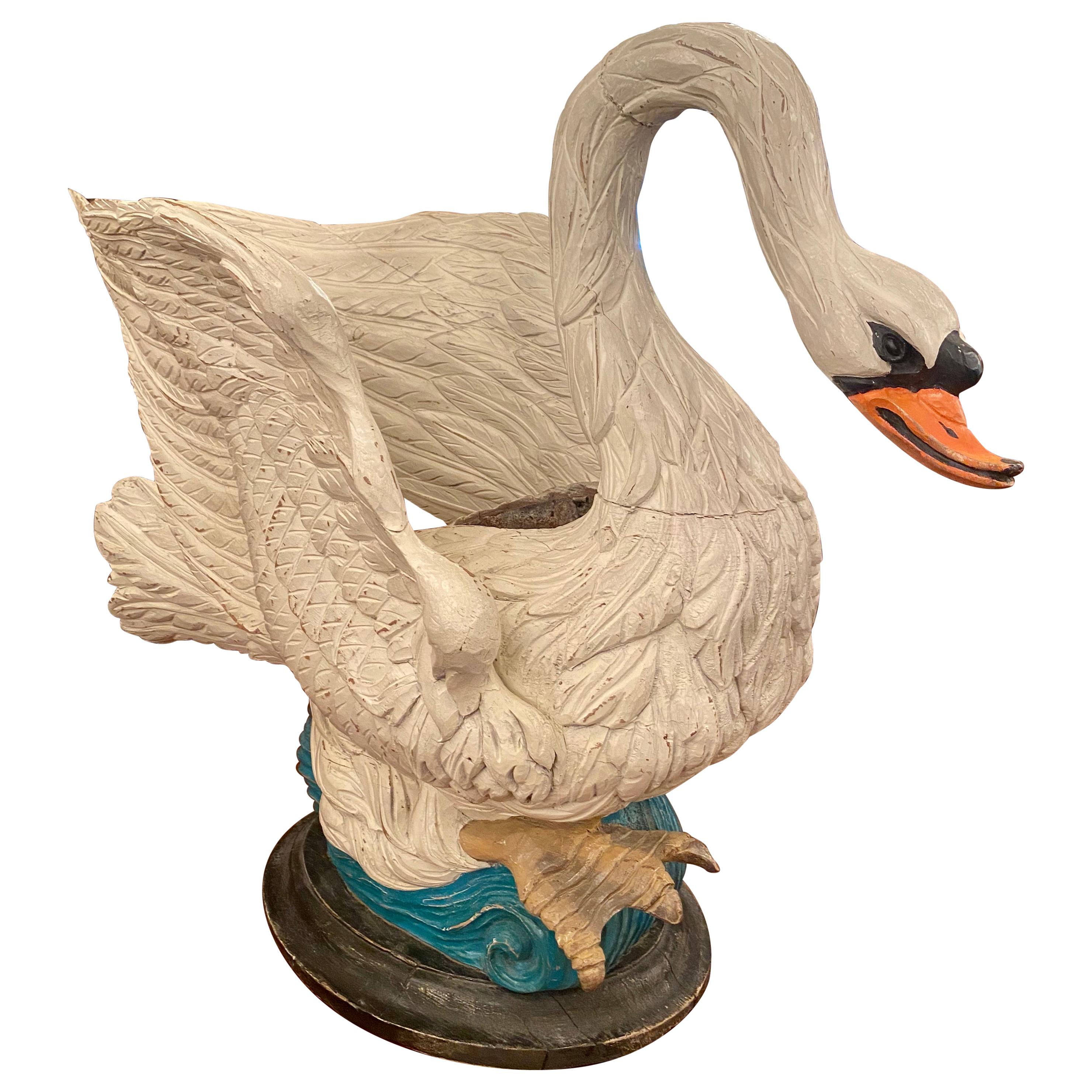 Large Estate Carved and Painted Wood Swan Jardinière, circa 1920-1930