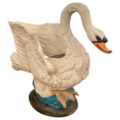 Antique Large Estate Carved and Painted Wood Swan Jardinière, circa 1920-1930