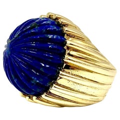 Large Estate Carved Lapis Lazuli Fluted 14K Yellow Gold Cocktail Ring, 1980's