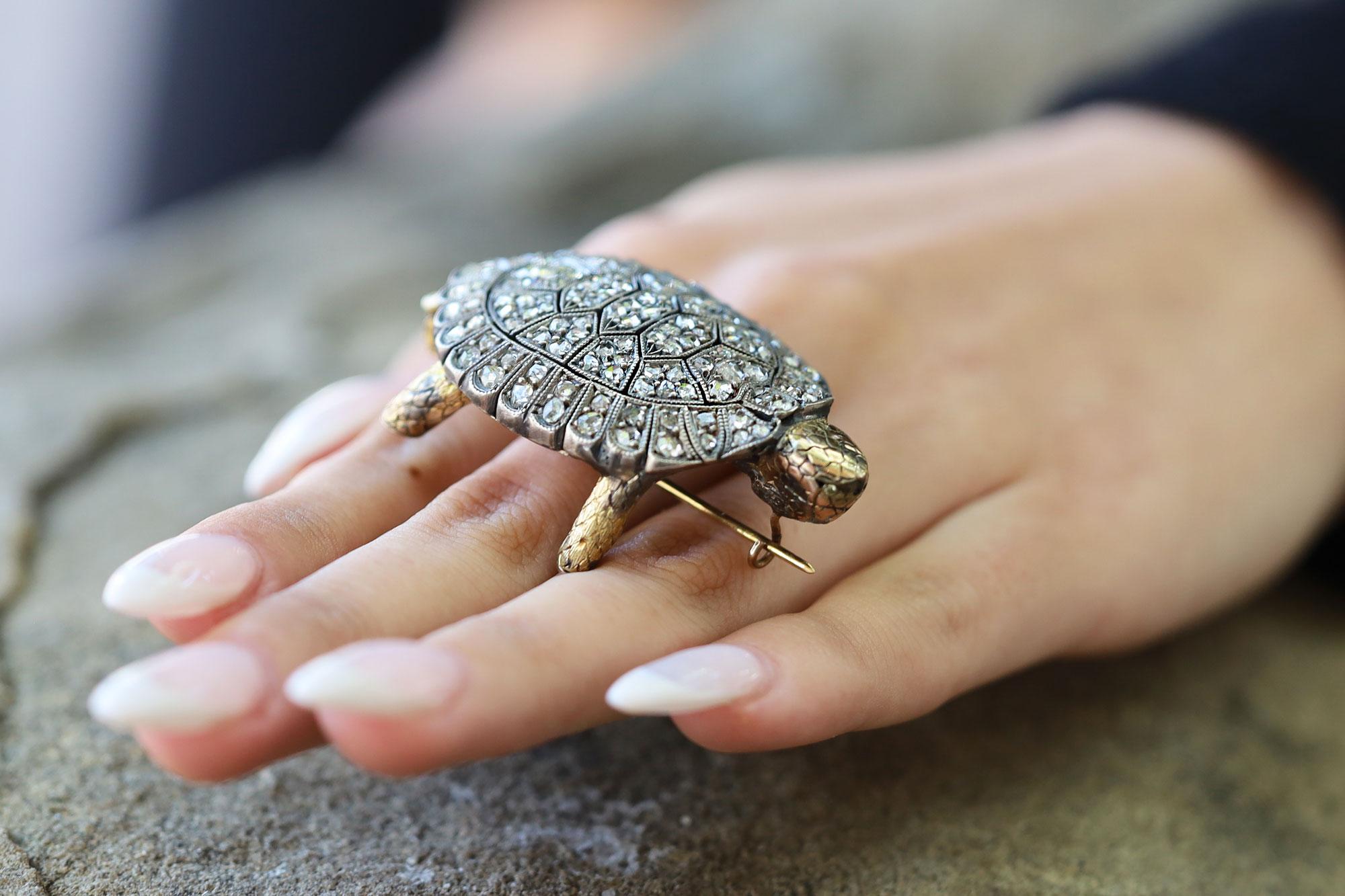 Victorian Large Estate Diamond Turtle Brooch Tortoise Pin Diamondback Terrapin Anamalier For Sale
