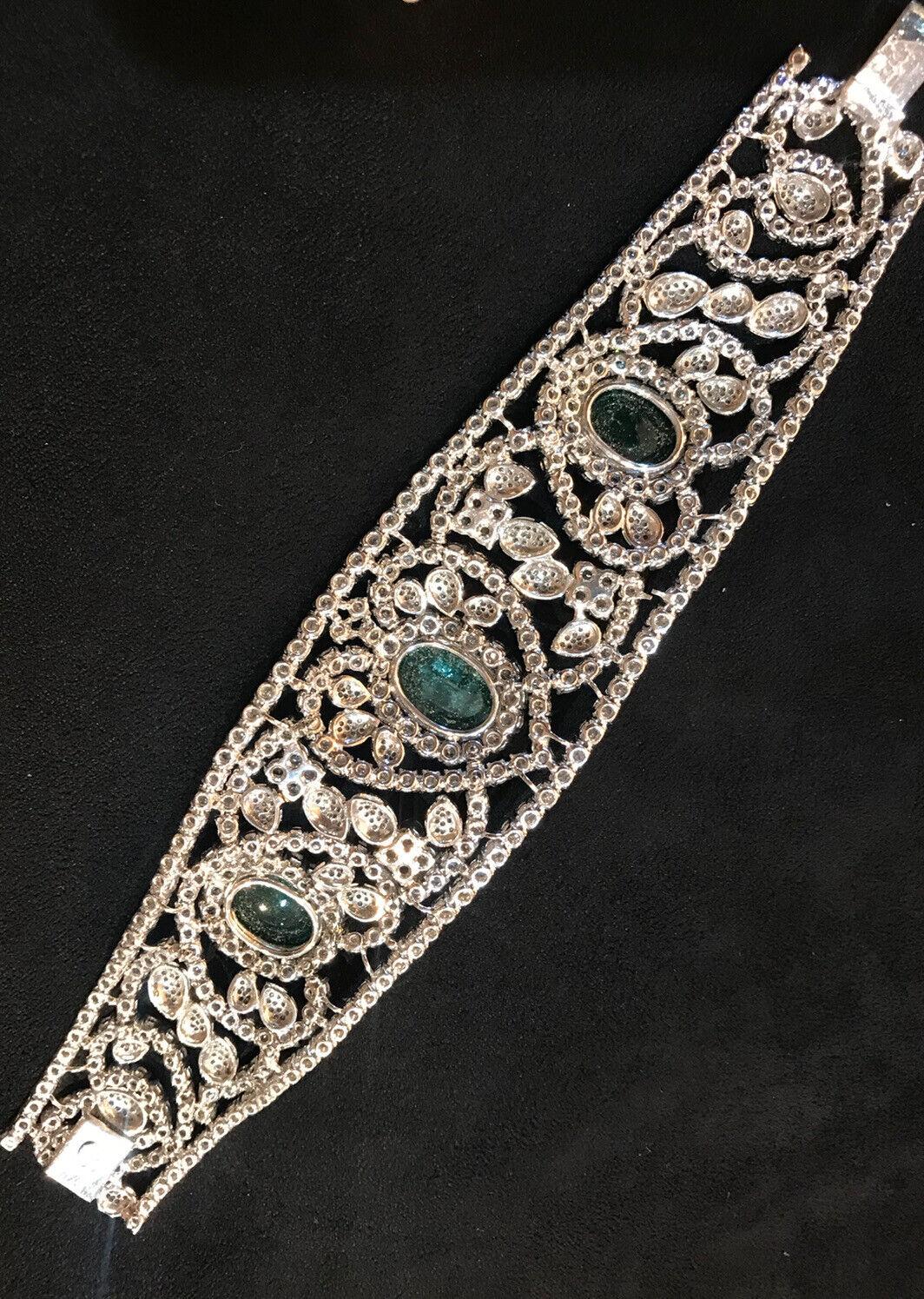 Large Estate Emerald Cabochon and Diamond Bracelet 18k White Gold In Excellent Condition For Sale In La Jolla, CA