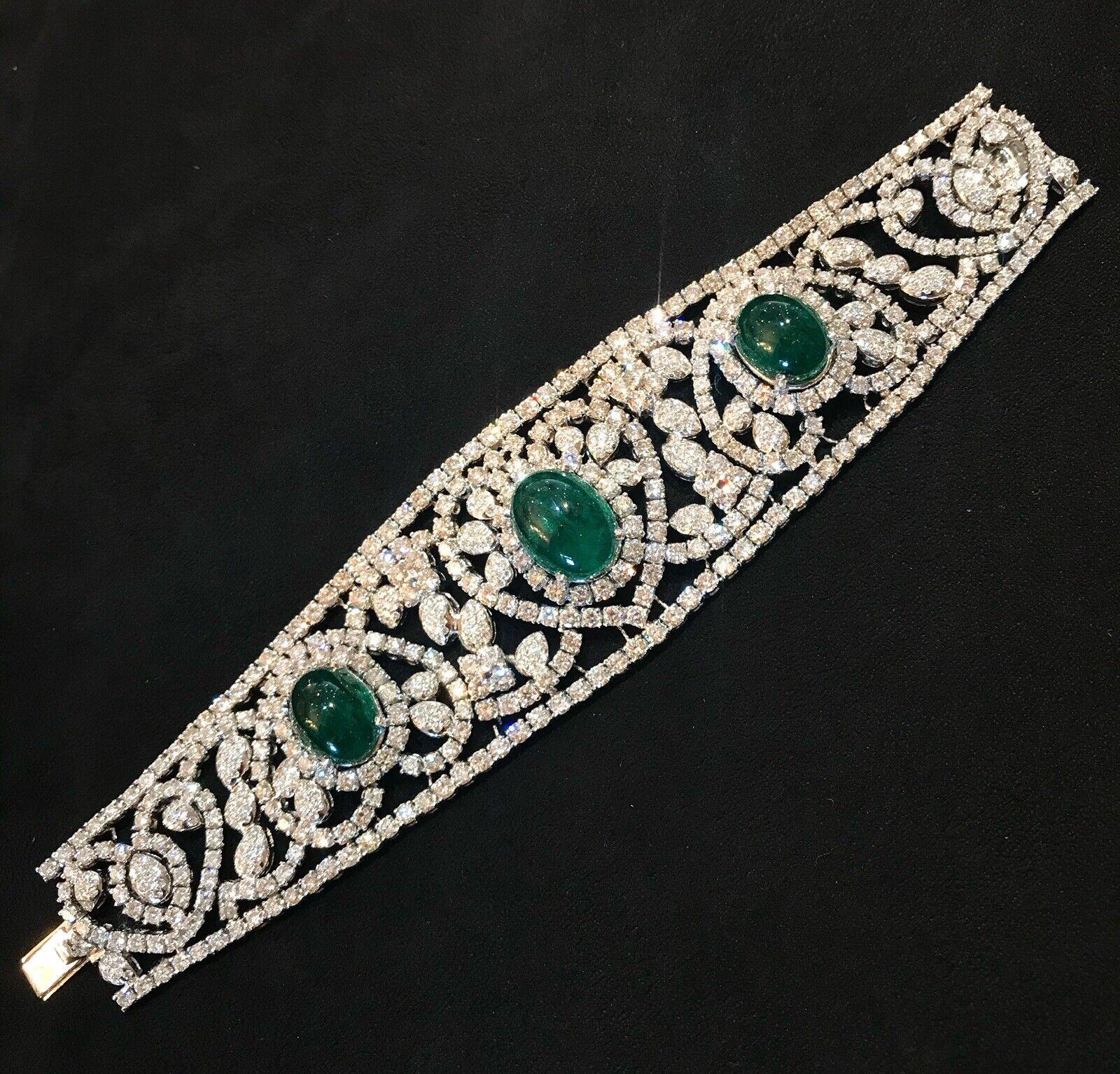 Large Estate Emerald Cabochon and Diamond Bracelet 18k White Gold For Sale 2