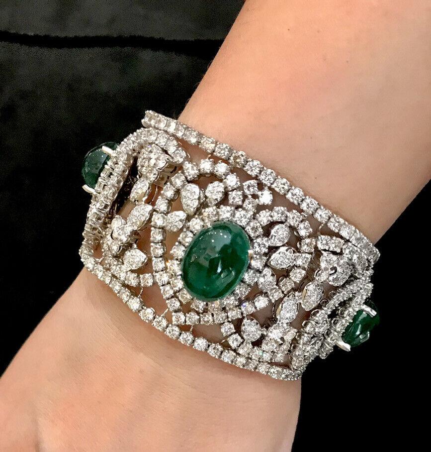 Large Estate Emerald Cabochon and Diamond Bracelet 18k White Gold For Sale 3