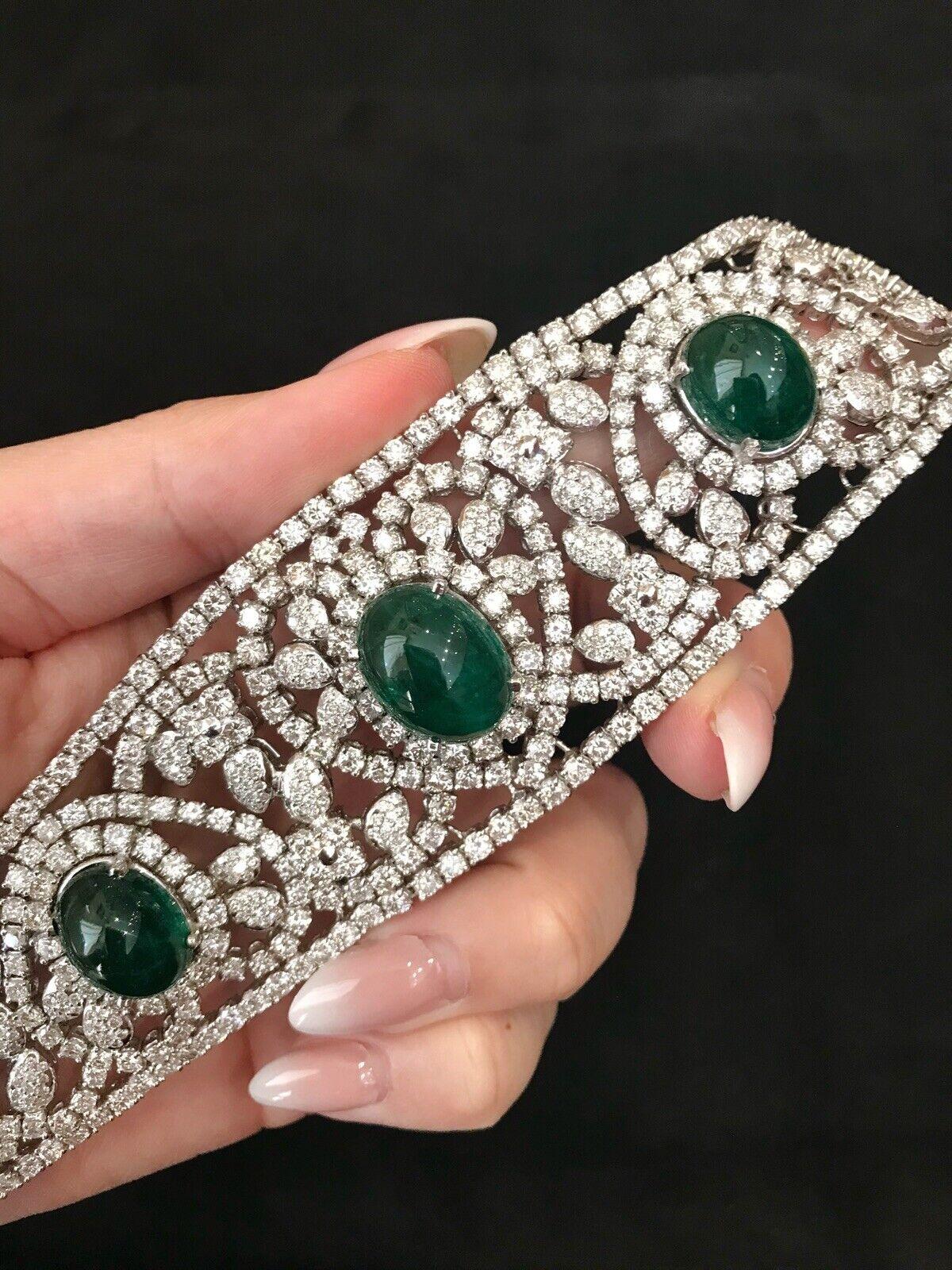 Large Estate Emerald Cabochon and Diamond Bracelet 18k White Gold For Sale 4