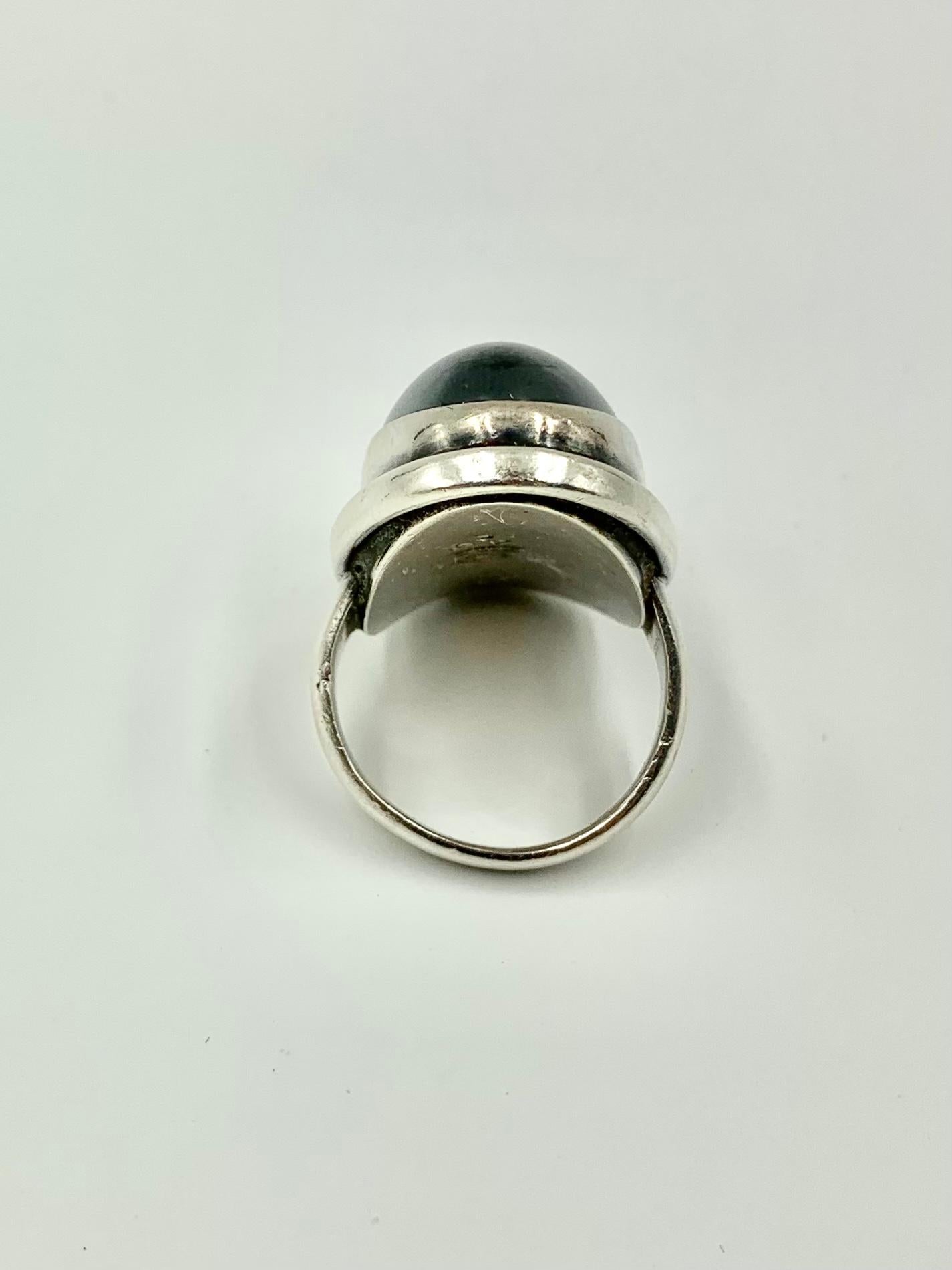 Large Estate Georg Jensen Harald Nielsen Cabochon Hematite Sterling Silver Ring For Sale 2
