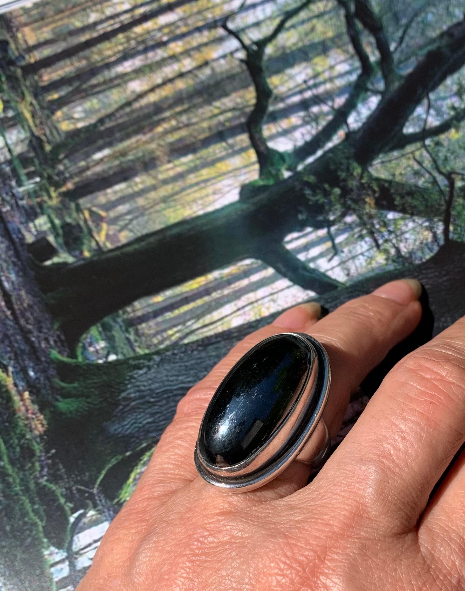 Large Estate Georg Jensen Harald Nielsen Cabochon Hematite Sterling Silver Ring In Good Condition For Sale In New York, NY