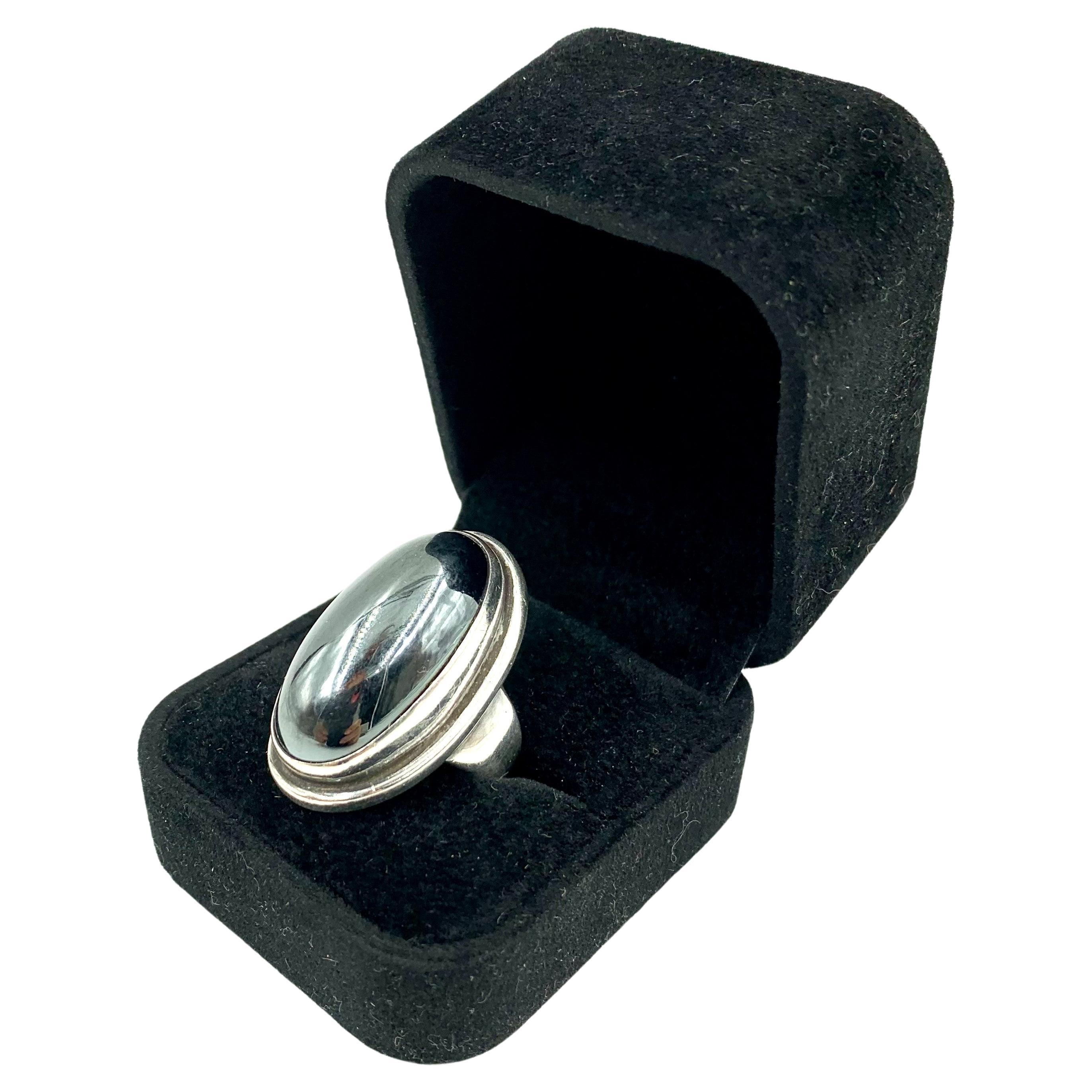Large Estate Georg Jensen Harald Nielsen Cabochon Hematite Sterling Silver Ring For Sale