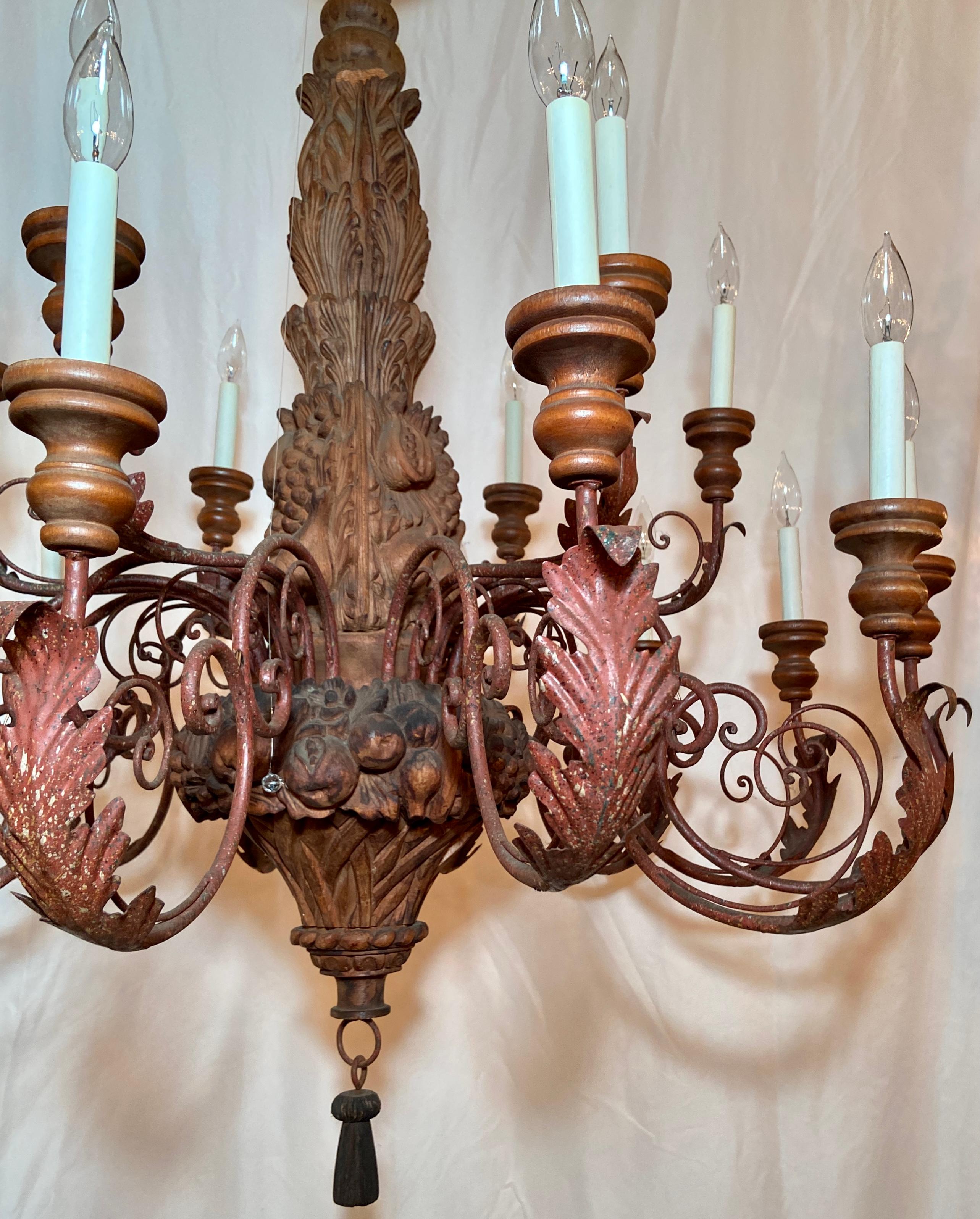 20th Century Large Estate Hand-Carved Wood and Wrought Iron 18-Light Chandelier  For Sale