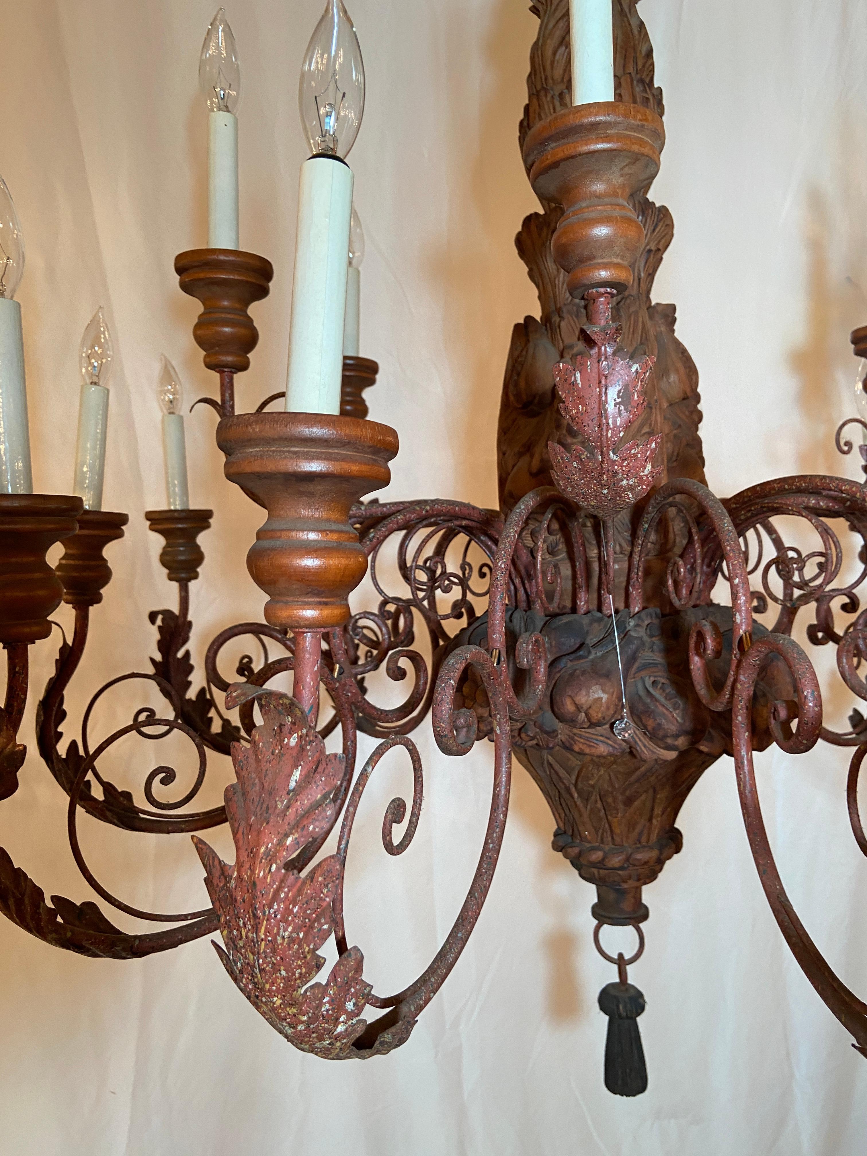 Large Estate Hand-Carved Wood and Wrought Iron 18-Light Chandelier  For Sale 1