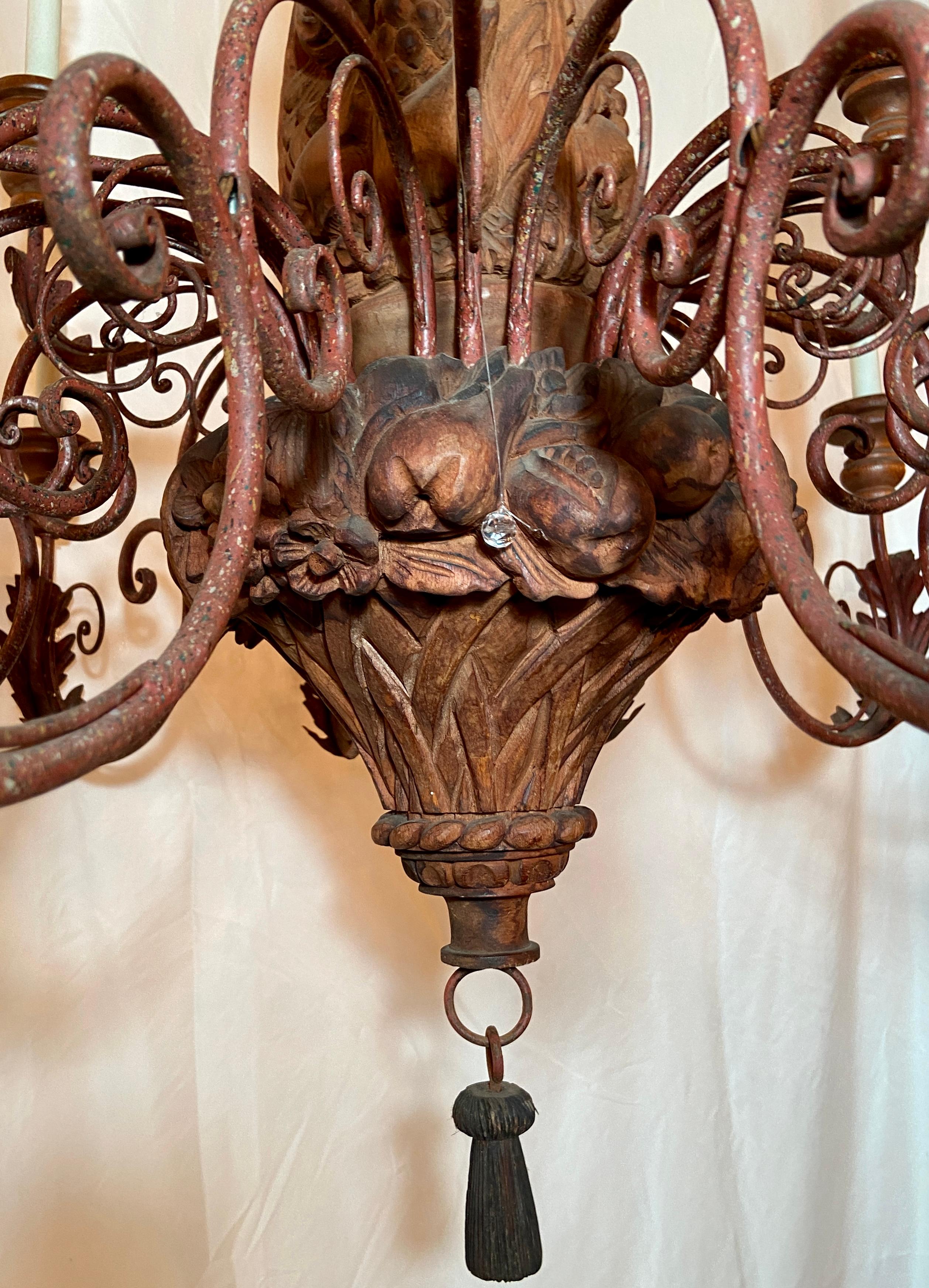 Large Estate Hand-Carved Wood and Wrought Iron 18-Light Chandelier  For Sale 3