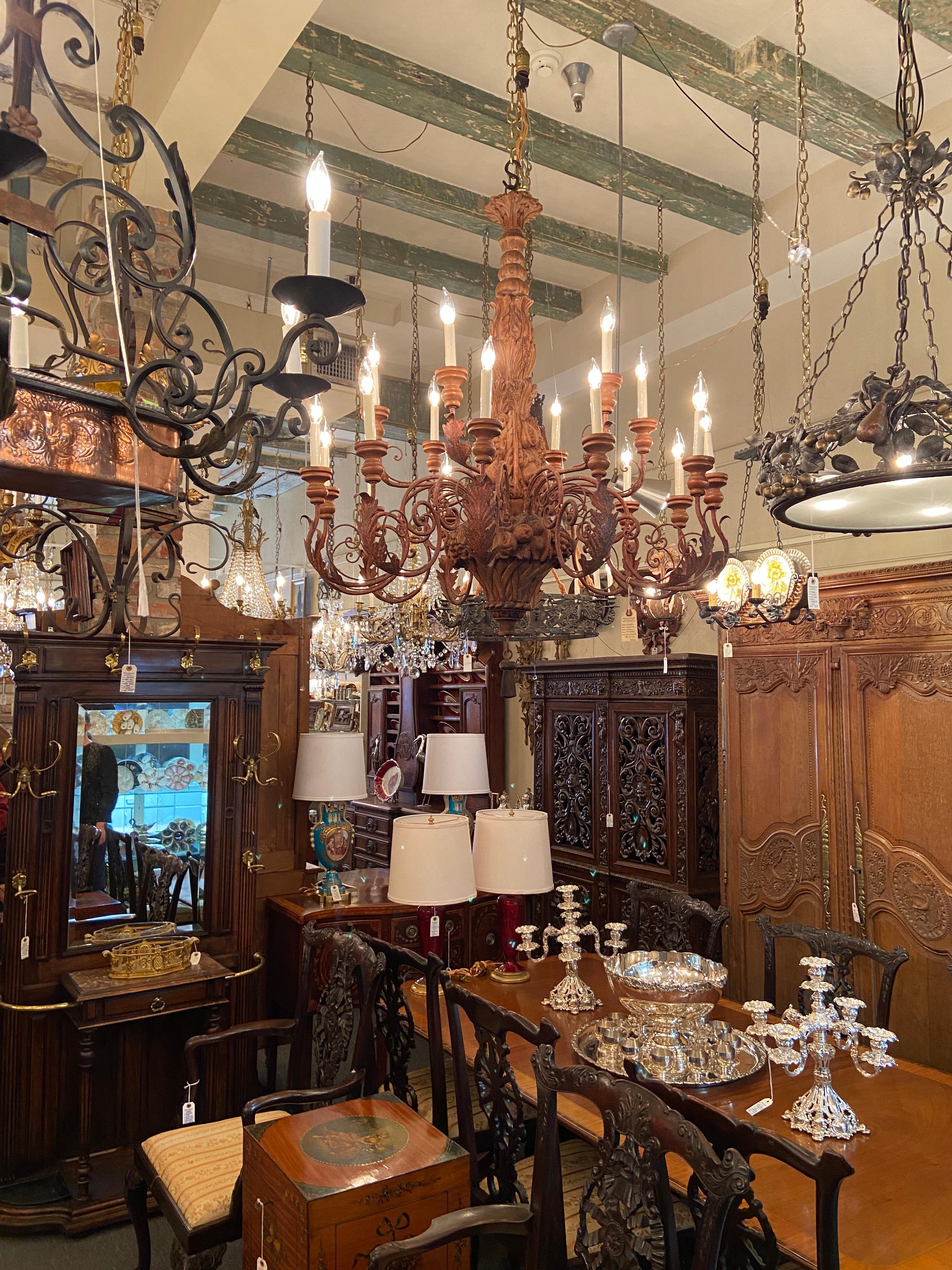 Large Estate Hand-Carved Wood and Wrought Iron 18-Light Chandelier  For Sale 4