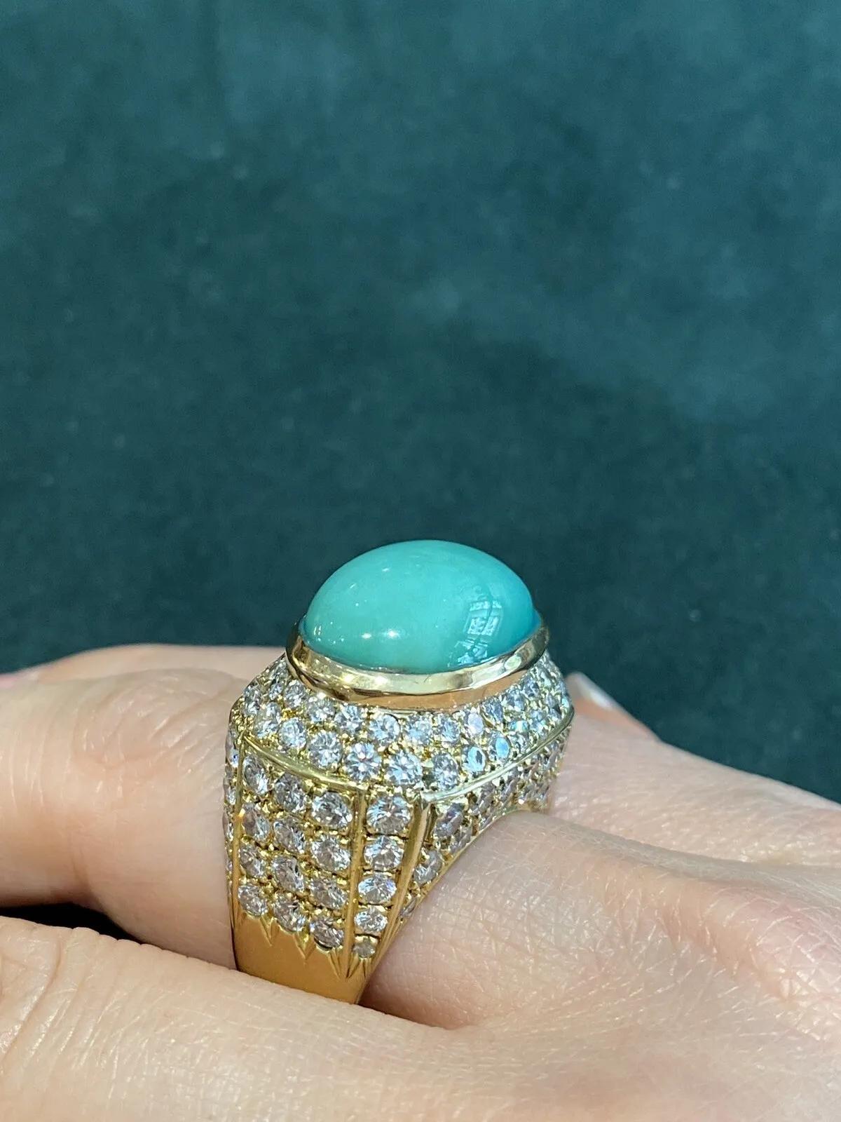 Large Estate Pavé Diamond and Turquoise Dome Ring in 18k Yellow Gold For Sale 5