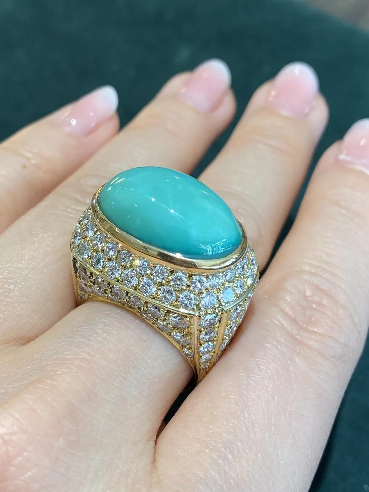 Large Estate Pavé Diamond and Turquoise Dome Ring in 18k Yellow Gold For Sale 6