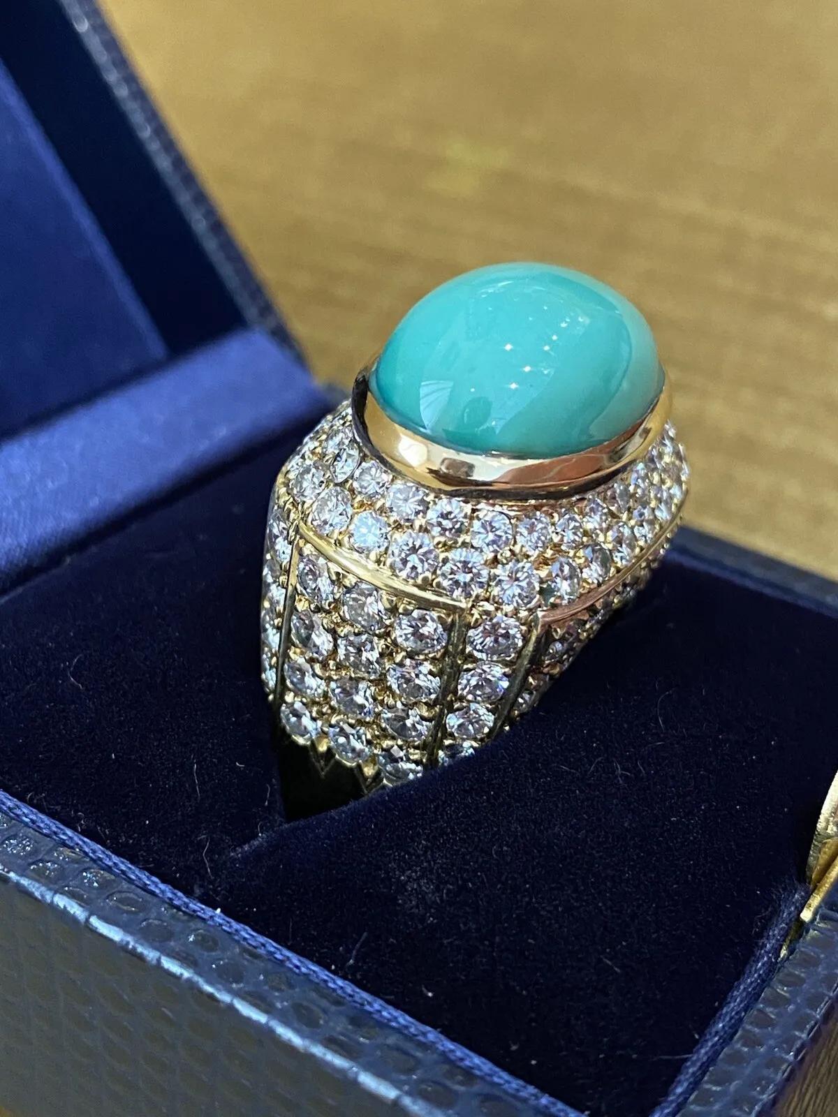 Cabochon Large Estate Pavé Diamond and Turquoise Dome Ring in 18k Yellow Gold For Sale