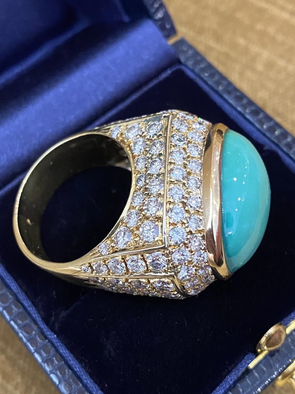 Women's or Men's Large Estate Pavé Diamond and Turquoise Dome Ring in 18k Yellow Gold For Sale
