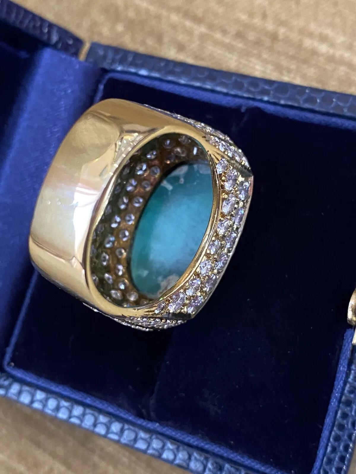 Large Estate Pavé Diamond and Turquoise Dome Ring in 18k Yellow Gold For Sale 1