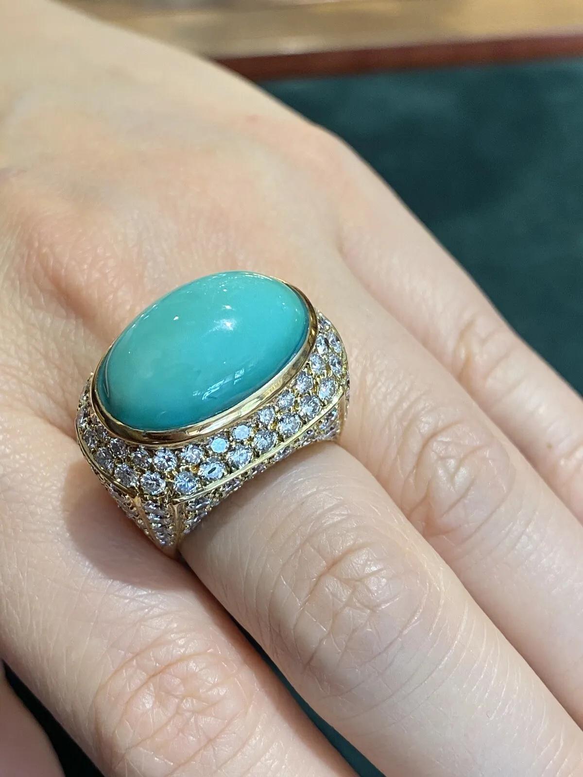 Large Estate Pavé Diamond and Turquoise Dome Ring in 18k Yellow Gold For Sale 2