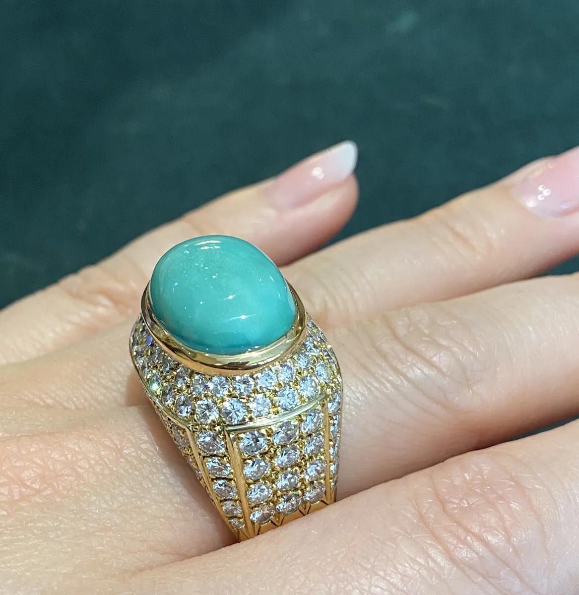 Large Estate Pavé Diamond and Turquoise Dome Ring in 18k Yellow Gold For Sale 3