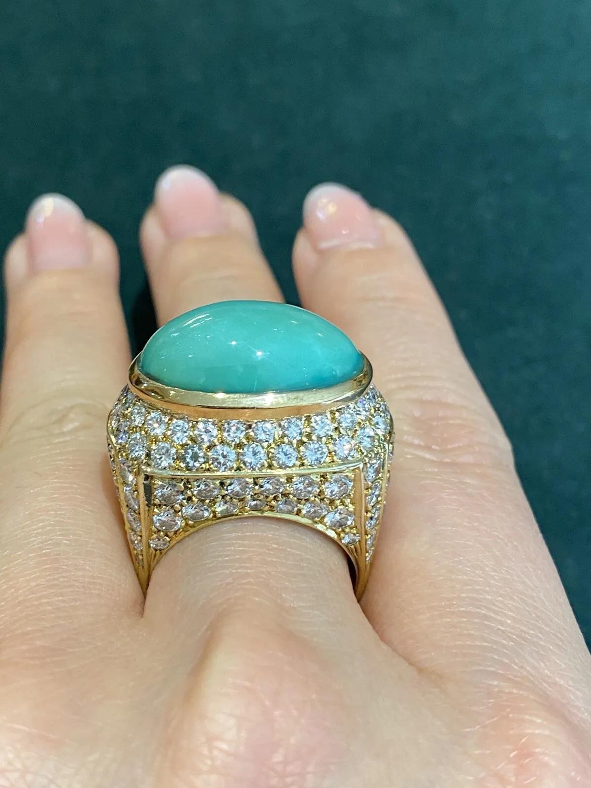 Large Estate Pavé Diamond and Turquoise Dome Ring in 18k Yellow Gold For Sale 4