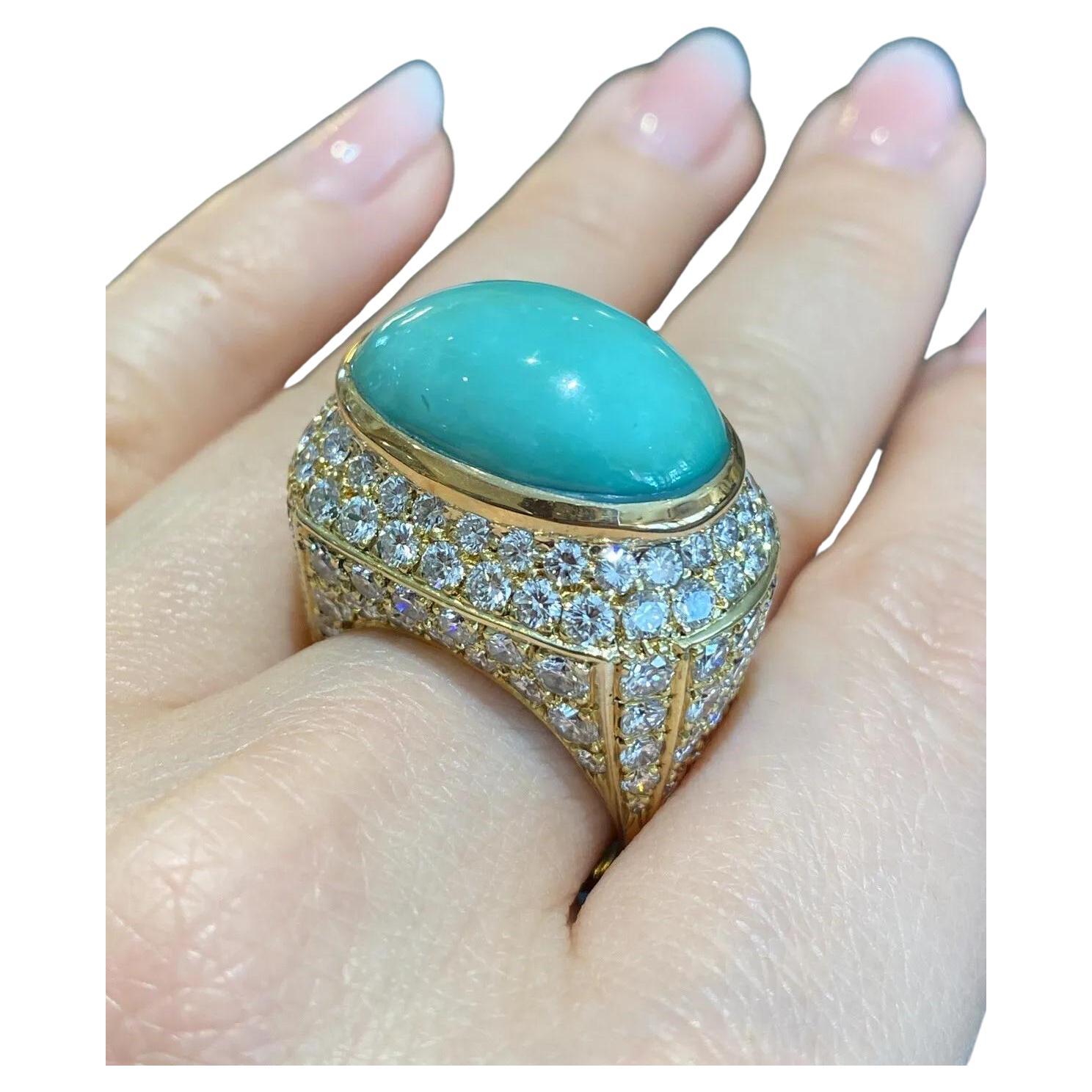 Large Estate Pavé Diamond and Turquoise Dome Ring in 18k Yellow Gold For Sale