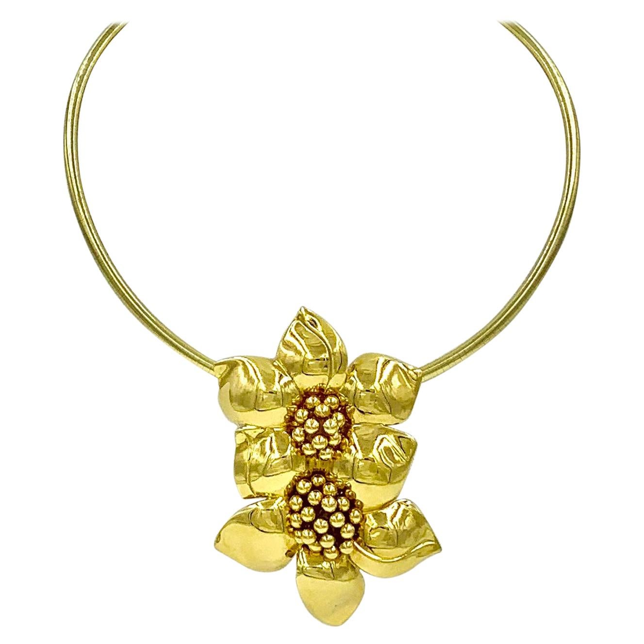 Large Estate Sabbadini 18K Gold Due Fiori Clip Brooch, Pendant Necklace Enhancer