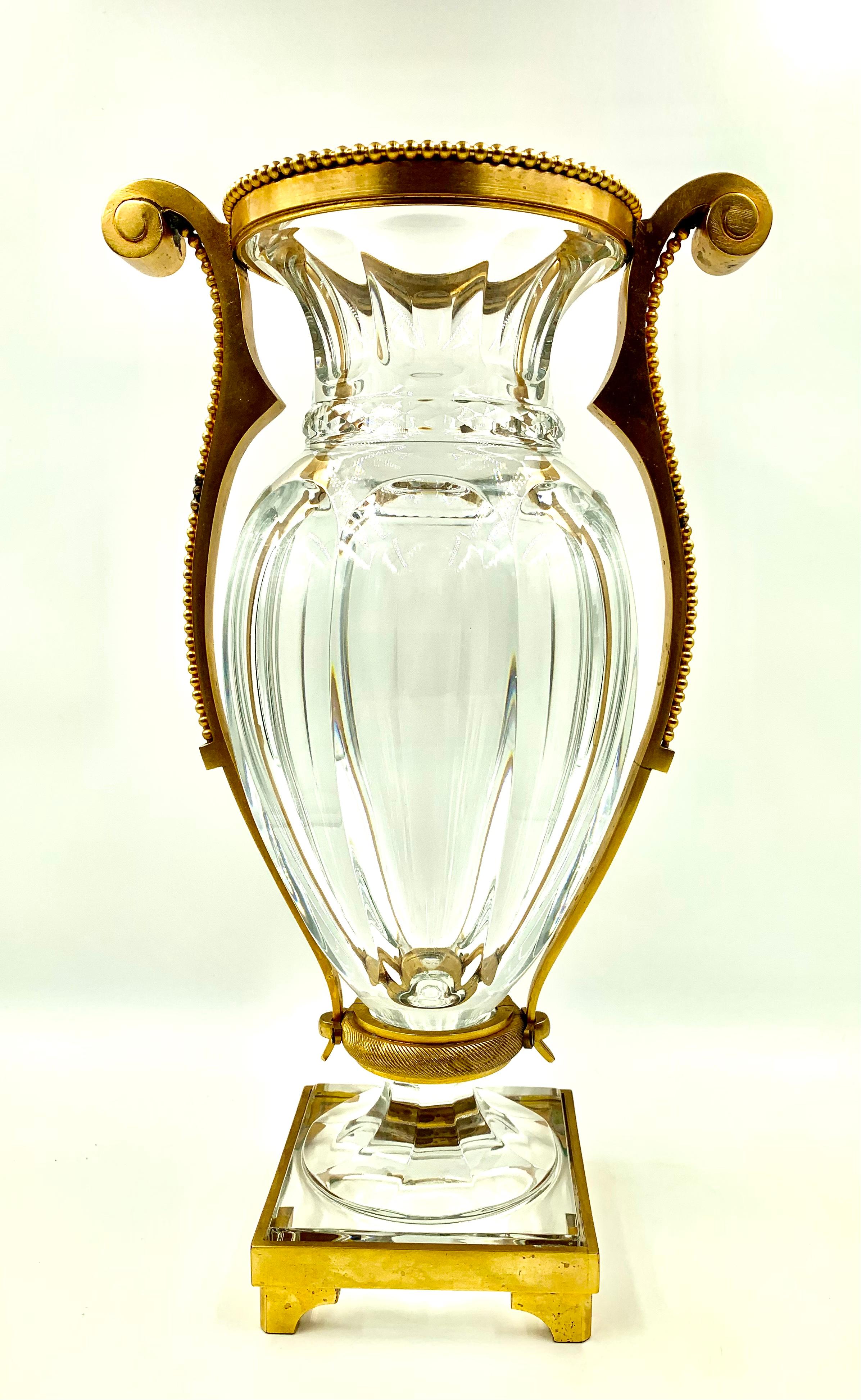 Large Estate Signed Baccarat Empire Harcourt Bronze and Crystal Vase In Good Condition For Sale In New York, NY