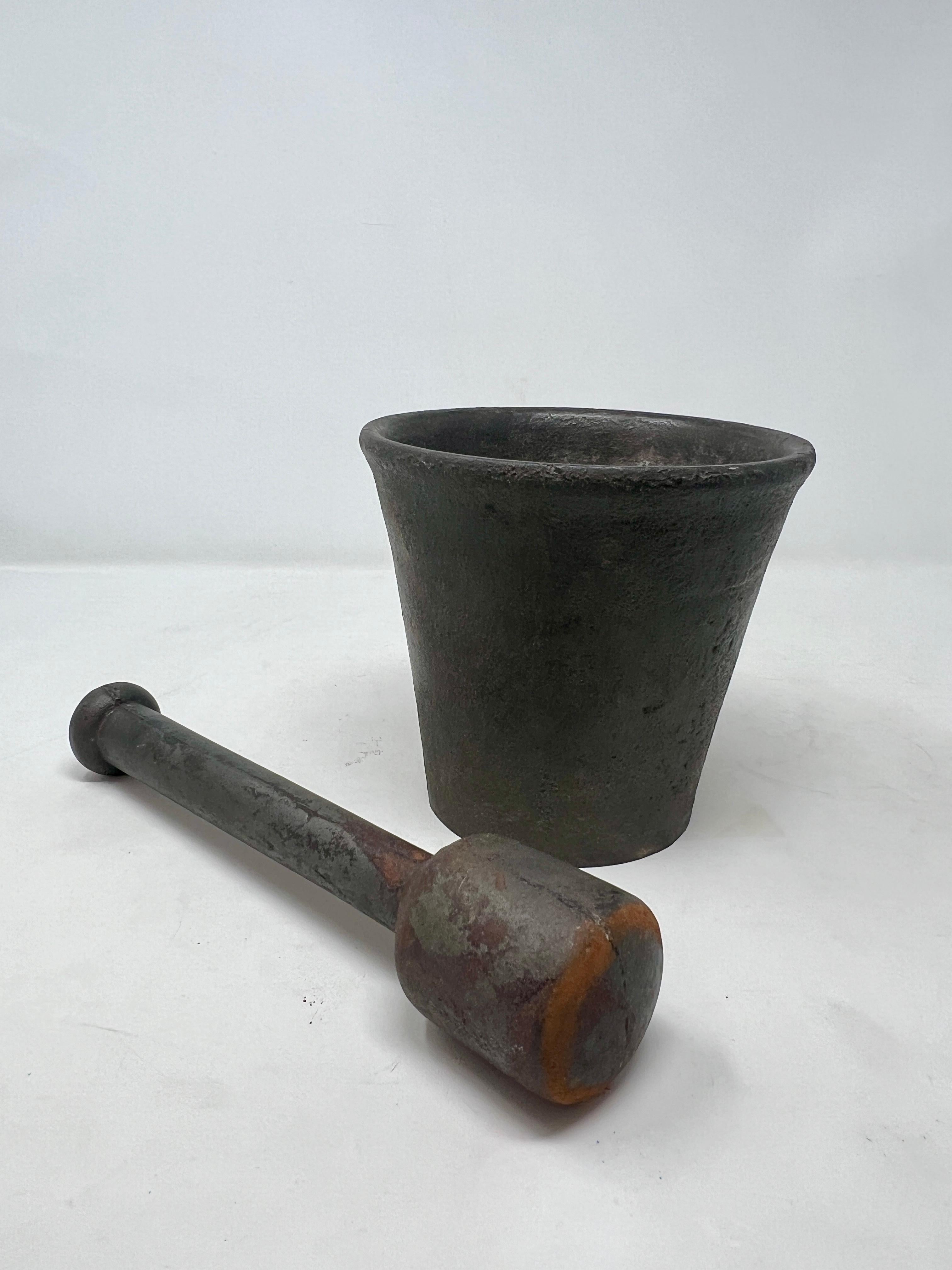 Large Estate Solid Iron Mortar And Pestle, Circa 1930's-1940's. In Good Condition For Sale In New Orleans, LA