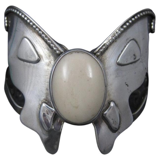 Large Estate Southwestern Sterling Agate Butterfly Cuff Bracelet 6 Inches For Sale